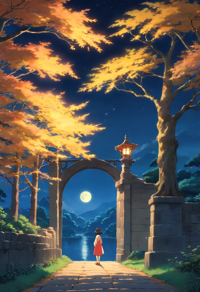 (best quality,4k,highres,ultra-detailed,realistic:1.2),vivid moonlit night,lonely figure standing alone on the west tower,graceful and clear scene,moon like a hook,solitary wutong trees surround the deep courtyard in the autumn,lock in the tranquility of the season,unimaginable beauty of the moonlight,chilly breeze passes through,moonlight shining through the branches,mysterious and silent atmosphere,gentle and delicate moonlight illuminating the figure's face,subtle shadows and highlights,reflecting the emotions of the figure,heart-rending sadness,elusive and mixed feelings,pure and profound beauty in the heart.