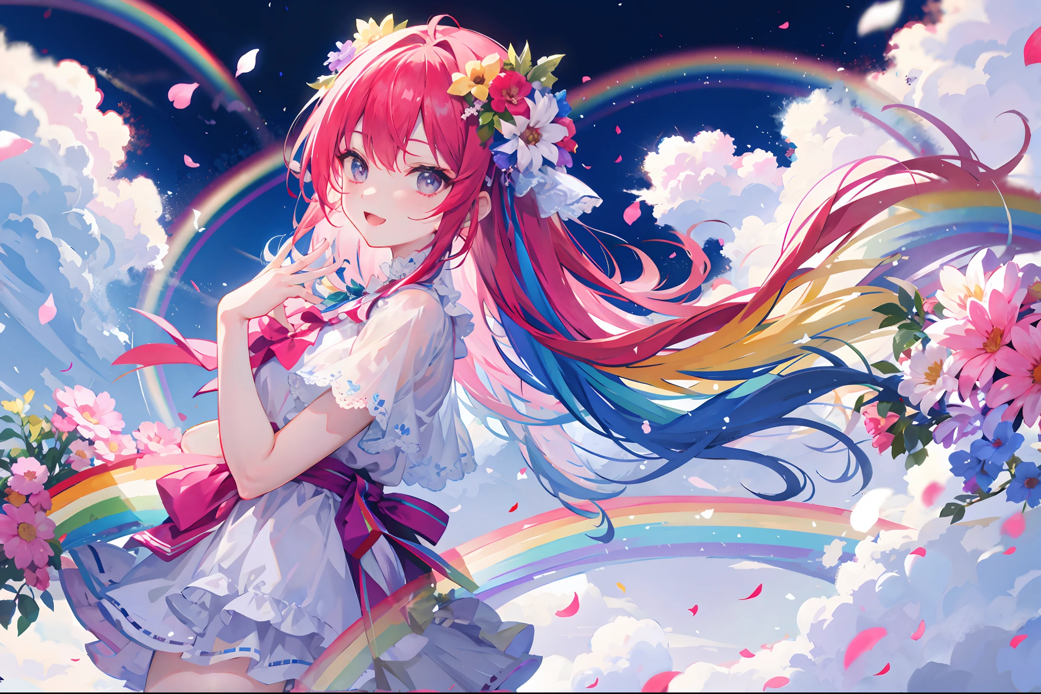 flower in hands,;D, rainbow backgraund