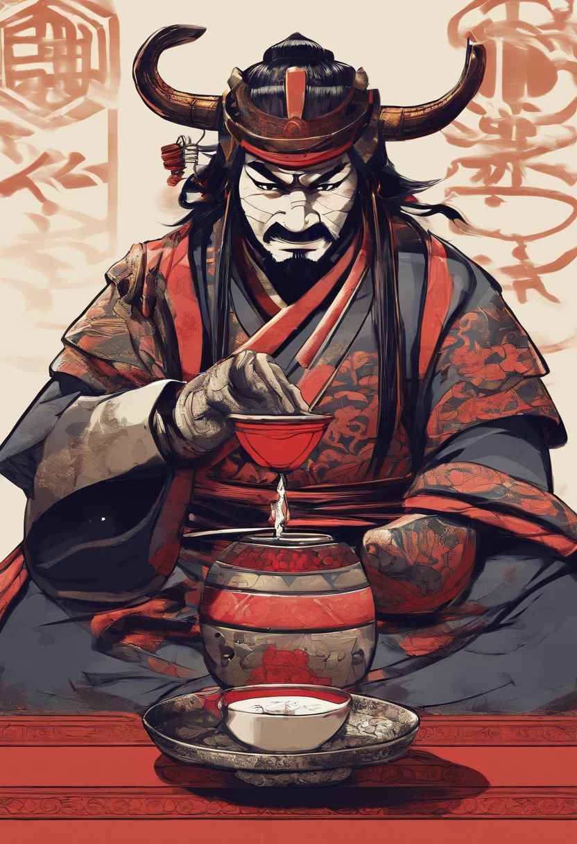 Avatar-style illustration of a samurai taking a sip from a sake cup, his eyes slightly squinted in delight, adorned in a detailed samurai outfit.