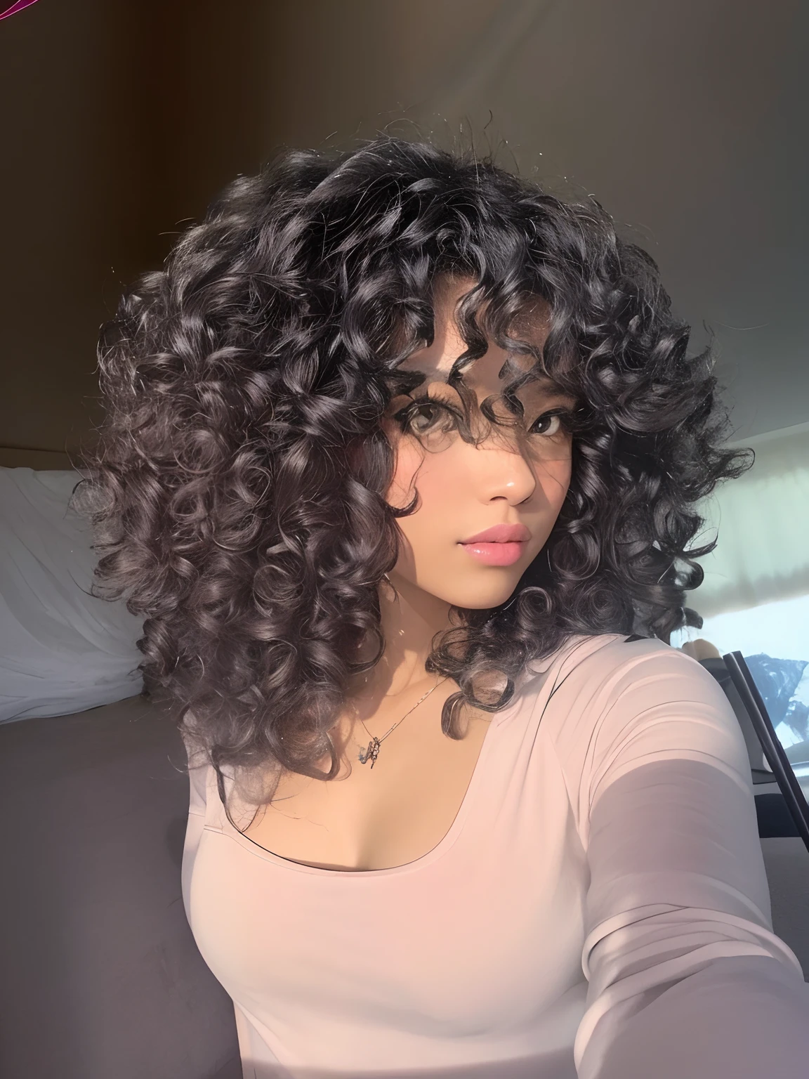 There is a woman with very long curly hair taking a selfie, franja encaracolado, cabelos cacheados, cabelo encaracolado preto, com cabelos cacheados pretos e prateados, curly hair, longos cabelos cacheados pretos selvagens, afro encaracolado, cabelos negros cacheados, cabelos cacheados prateados, (cabelos cacheados escuros e curtos), encaracolado, messy curly hair, cabelos escuros cacheados, cachos por cima, com cachos