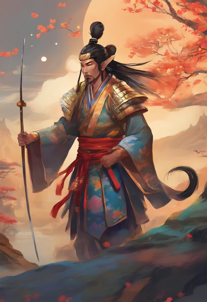Avatar-style illustration of a samurai taking a sip from a sake cup, his eyes slightly squinted in delight, adorned in a detailed samurai outfit.
