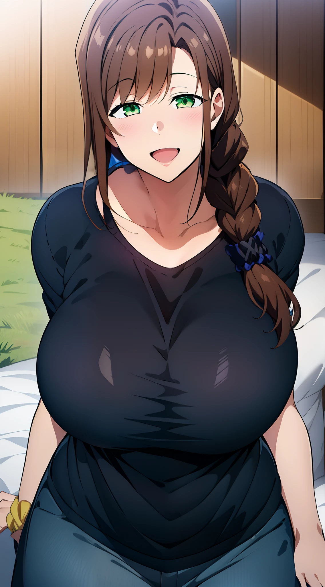 1girl, solo, long hair, looking at viewer, smile, open mouth, large breasts, brown hair, shirt, hair ornament, green eyes, collarbone, braid, pants, black shirt, single braid, scrunchie, hair over shoulder, hair scrunchie, mature female, wide hips