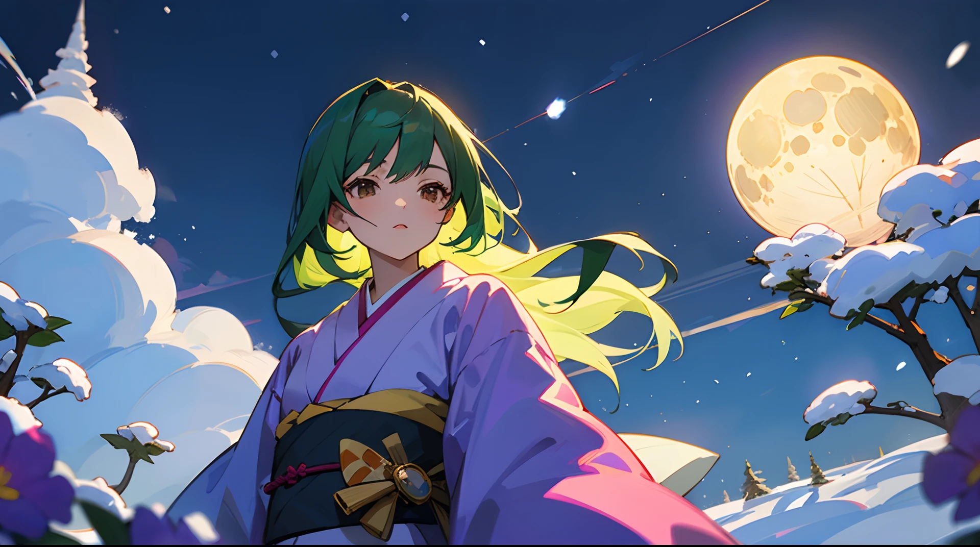 ​masterpiece、top-quality、Beautiful woman as snow、Purple kimono, Vermilion and flowers、Emerald hair、Brown eyes、Moonlit night in the background、Dignified hair、animesque、kawaii、2D beautiful girl