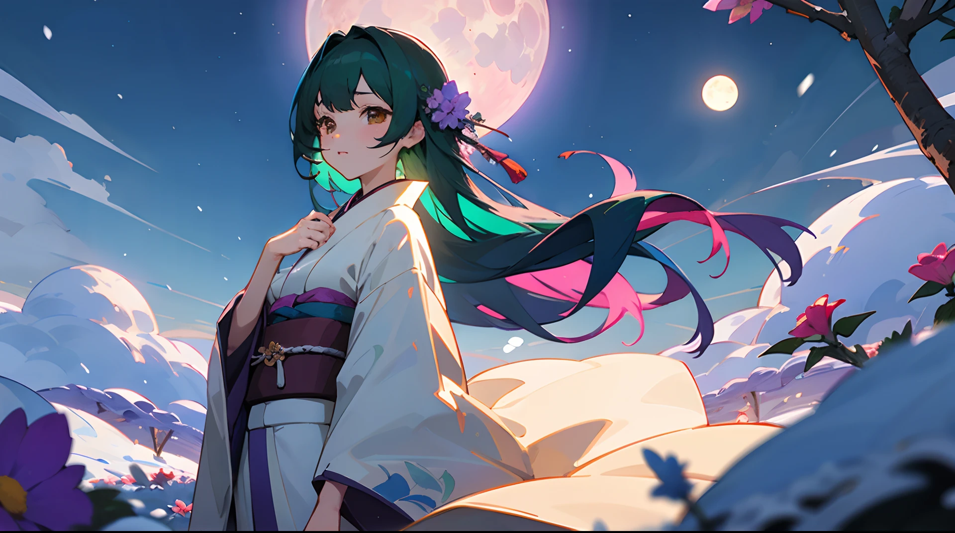 masterpiece、top-quality、Beautiful woman as snow、Purple kimono, Vermilion and flowers、Emerald hair、Brown eyes、Moonlit night in the background、Dignified hair、animesque、kawaii、2D beautiful girl