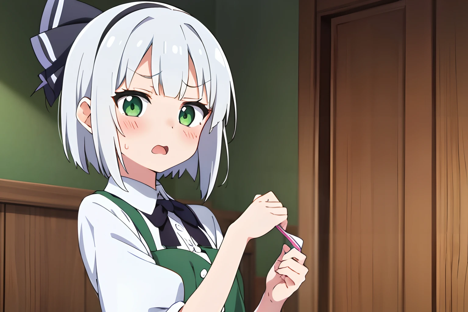 anime style、masterpiece、highest quality、one girl、solo、look at camera、((konpaku youmu))、blush、embarrassed expression、open your mouth、Surprised expression、(simple background)