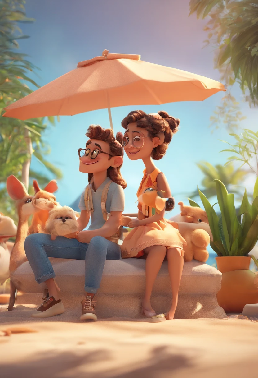 An illustration of an adorable couple, Destaque para um homem de pele preta, magro e alto, sorrindo e uma mulher branca com belos olhos castanhos, with square prescription glasses - the man's hair is curly The woman's skin is white, and the hair is long, cheio de cachos e loiro. It's a bright sunny day, ele com sorriso de aparelho e ela sorrindo, e compartilham um momento especial caracterizado pelo amor. Illustrate this scene from a perspective where they are facing the camera, Showing Your Connection. Desenvolva esta arte em grande qualidade. Focus on cinematic talent and Disney Pixar Animations-style characters