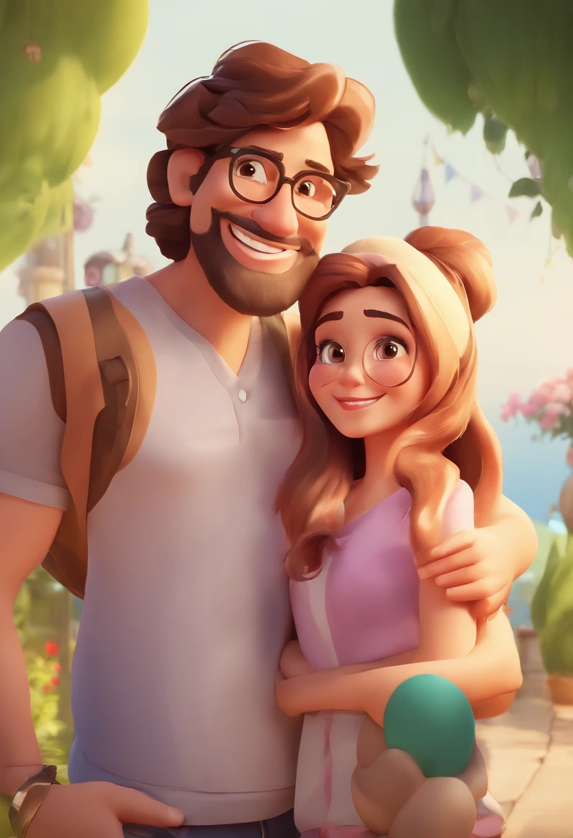 An illustration of an adorable couple, Destaque para um homem de pele preta, magro e alto, sorrindo e uma mulher branca com belos olhos castanhos, with square prescription glasses - the man's hair is curly The woman's skin is white, and the hair is long, cheio de cachos e loiro. It's a bright sunny day, ele com sorriso de aparelho e ela sorrindo, e compartilham um momento especial caracterizado pelo amor. Illustrate this scene from a perspective where they are facing the camera, Showing Your Connection. Desenvolva esta arte em grande qualidade. Focus on cinematic talent and Disney Pixar Animations-style characters