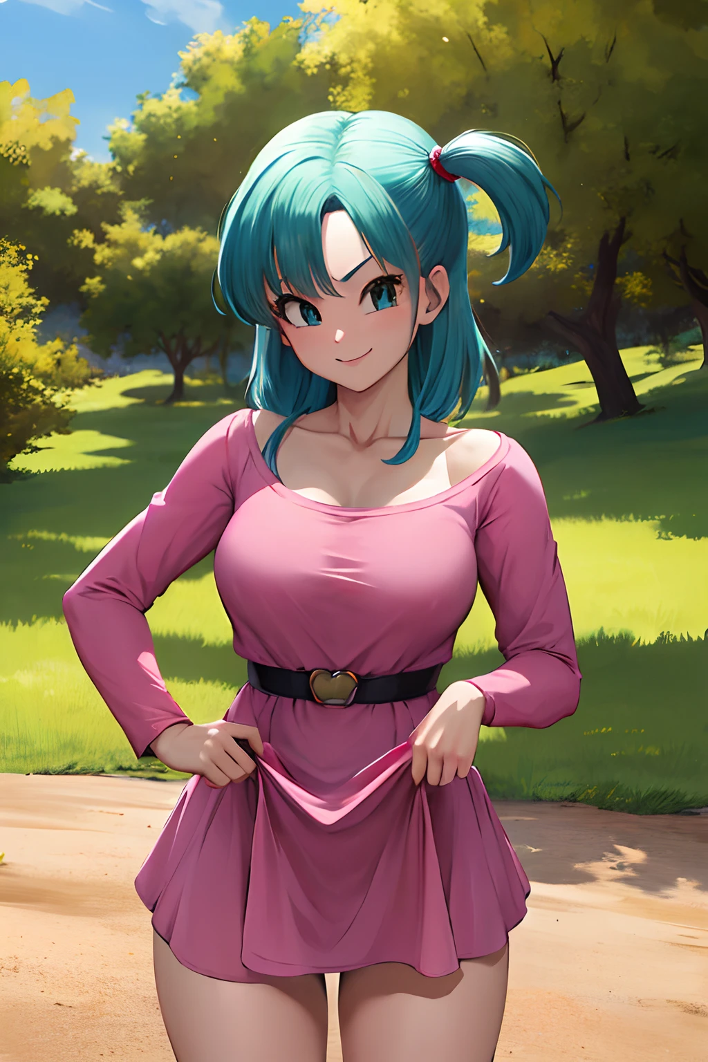 masterpiece, best quality, highres, dragon ball, blmsdup, bulma, aqua hair, one side up, pink dress, long sleeves, collarbone, medium breasts, outdoors, standing, cowboy shot, (dress lift:1.2), evil smile,