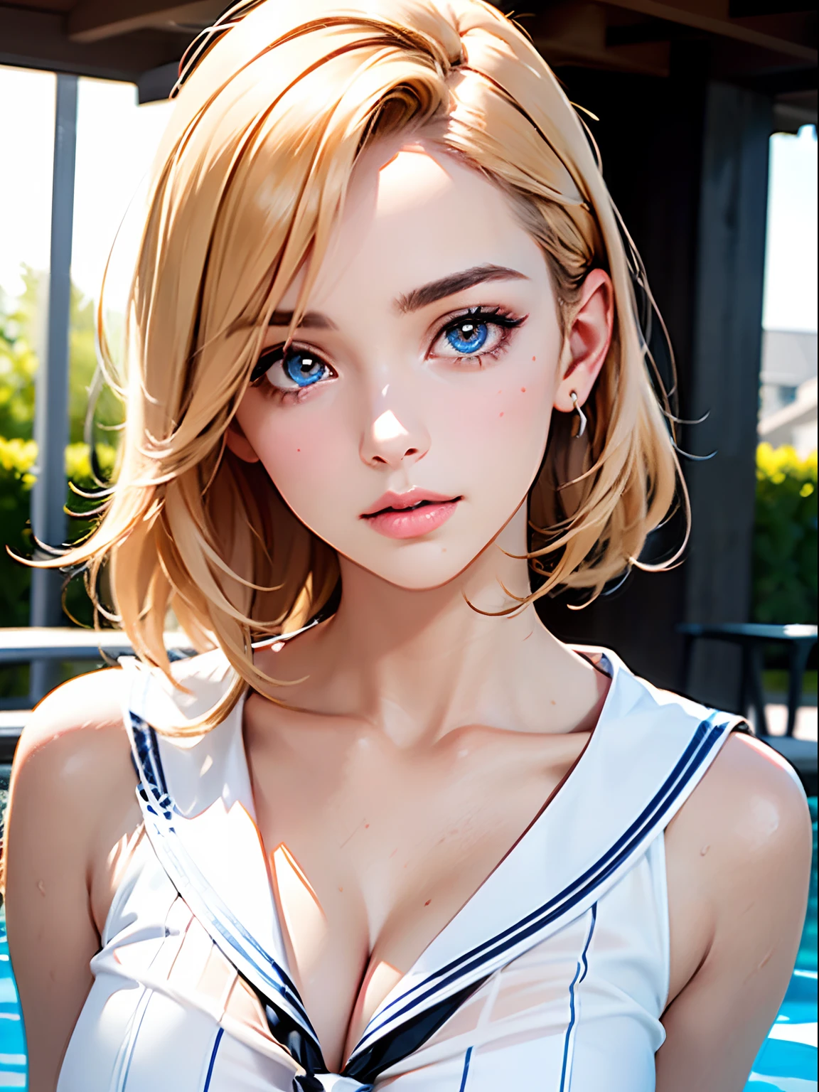 masterpiece, best quality, high quality, High definition, High quality texture, High quality shadow, high detail, beautiful detailed, finely detailed, extremely detailed cg, detailed texture, a realistic representation of the face, realistic, colorful, delicate, Cinematic Light, sidelighting, Lens Flare, Ray tracing, sharp focus, (intricate details, makeup, PureErosFace_V1:0.5), (detailed beautiful delicate face, detailed beautiful delicate eyes, a face of perfect proportion, high detailed skin, detailed skin, best ratio four finger and one thumb, close up of upper body, (large breasts), (cleavage), ((Smooth texture, Realistic texture, Photorealistic)), (Detailed beautiful eyes, Beautiful eyelashes, emerald eyes), blonde medium hair, 1 woman, at poolside, ((( sheer white sailor shirt, Sleeveless, Open front))), (Beautiful face, Cute face, Detailed face), (((Sunny))), Perfect Eyes Eyes