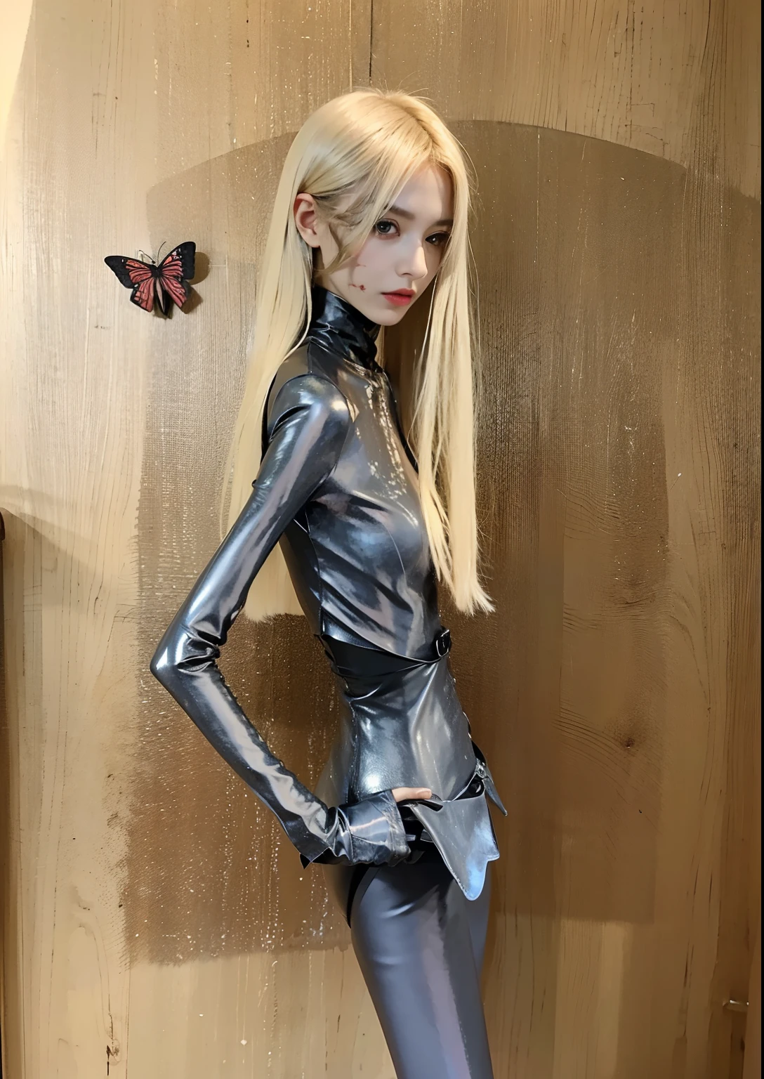 emaciated,the ribs,sternum,鎖骨,pelvic bone, big breasts thin waist,Thin leg,hunger,tight leather clothes,leather pant