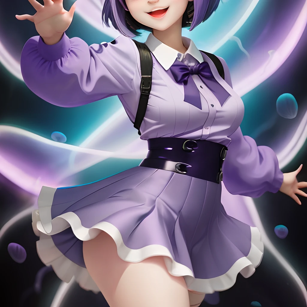 jellyfish curvy anime style girl with blue to purple hair gradient, medium bob hairstyle, energetic pose, smiling, jellyfish in background, wearing purple and black schoolgirl outfit, anime style