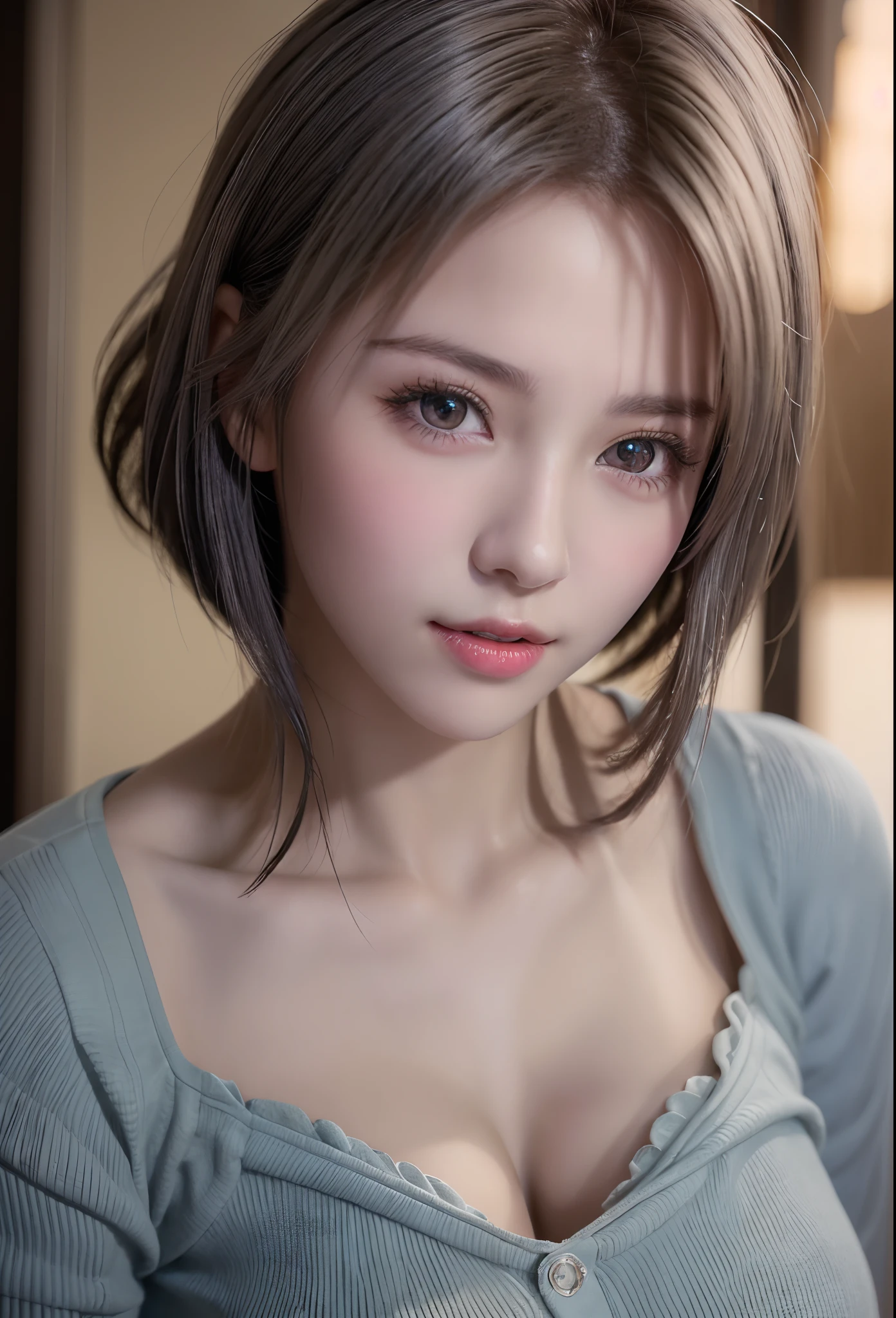 (8K, Photorealistic, Raw photo, of the highest quality: 1.3), (1girl in), Super beautiful, (Realistic face), (boyish, Silver Color Berry Shorthair), Beautiful , Glare that captivates the viewer, Beautiful expression, Beautiful breasts, (Realistic skin), Be...