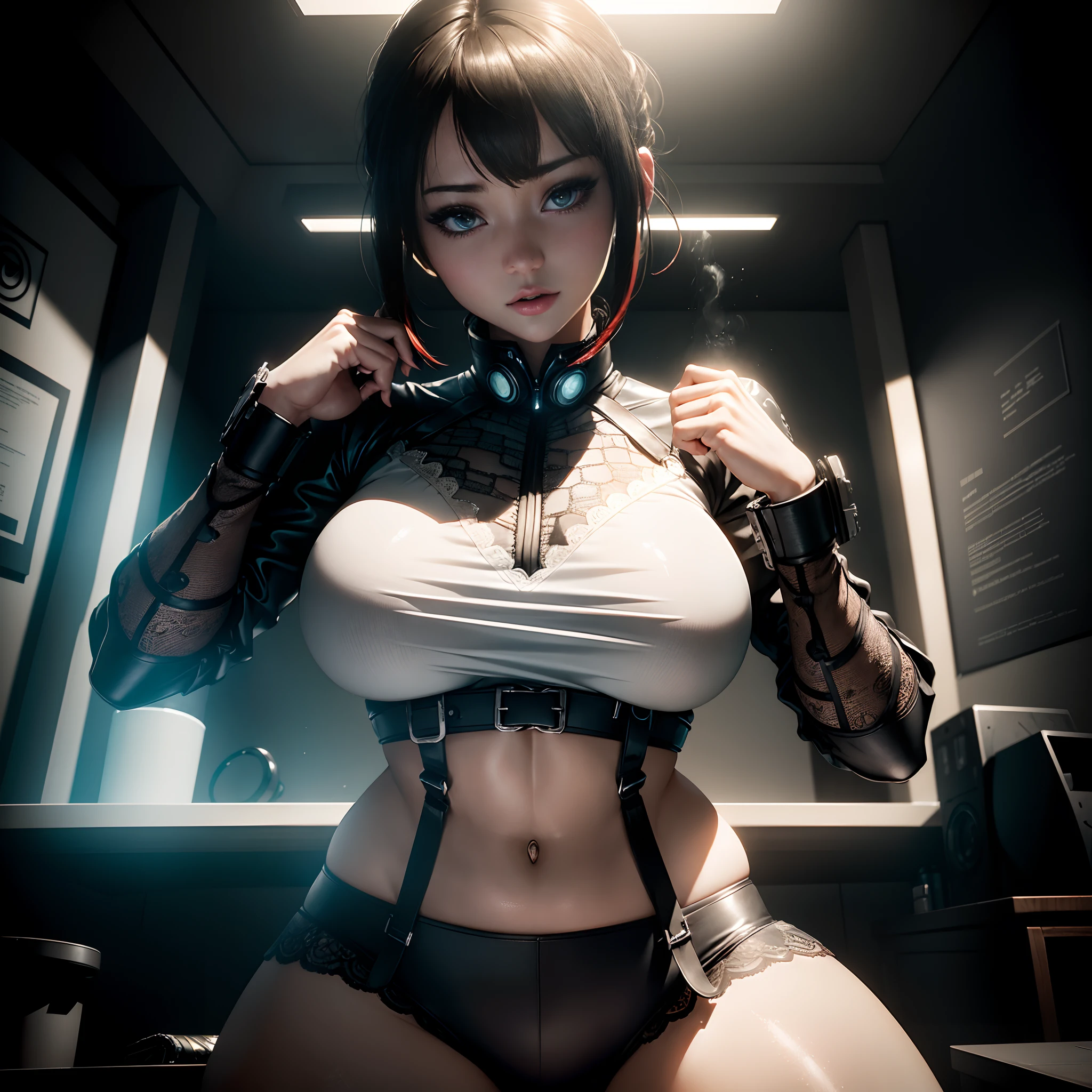((best qualtiy)), ((tmasterpiece)), (the detail:1.4), 。.3D, A beautiful cyberpunk female image,hdr(HighDynamicRange),Ray traching,NVIDIA RTX,Hyper-Resolution,Unreal 5,Subsurface scattering、PBR Texture、post-proces、Anisotropy Filtering、depth of fields、maximum definition and sharpness、Many-Layer Textures、Albedo e mapas Speculares、Surface coloring、Accurate simulation of light-material interactions、perfectly proportions、rendering by octane、Two-colored light、largeaperture、Low ISO、White balance、the rule of thirds、8K raw data、Raised translucent top, Smaller top, Smaller white lace shorts, Raised