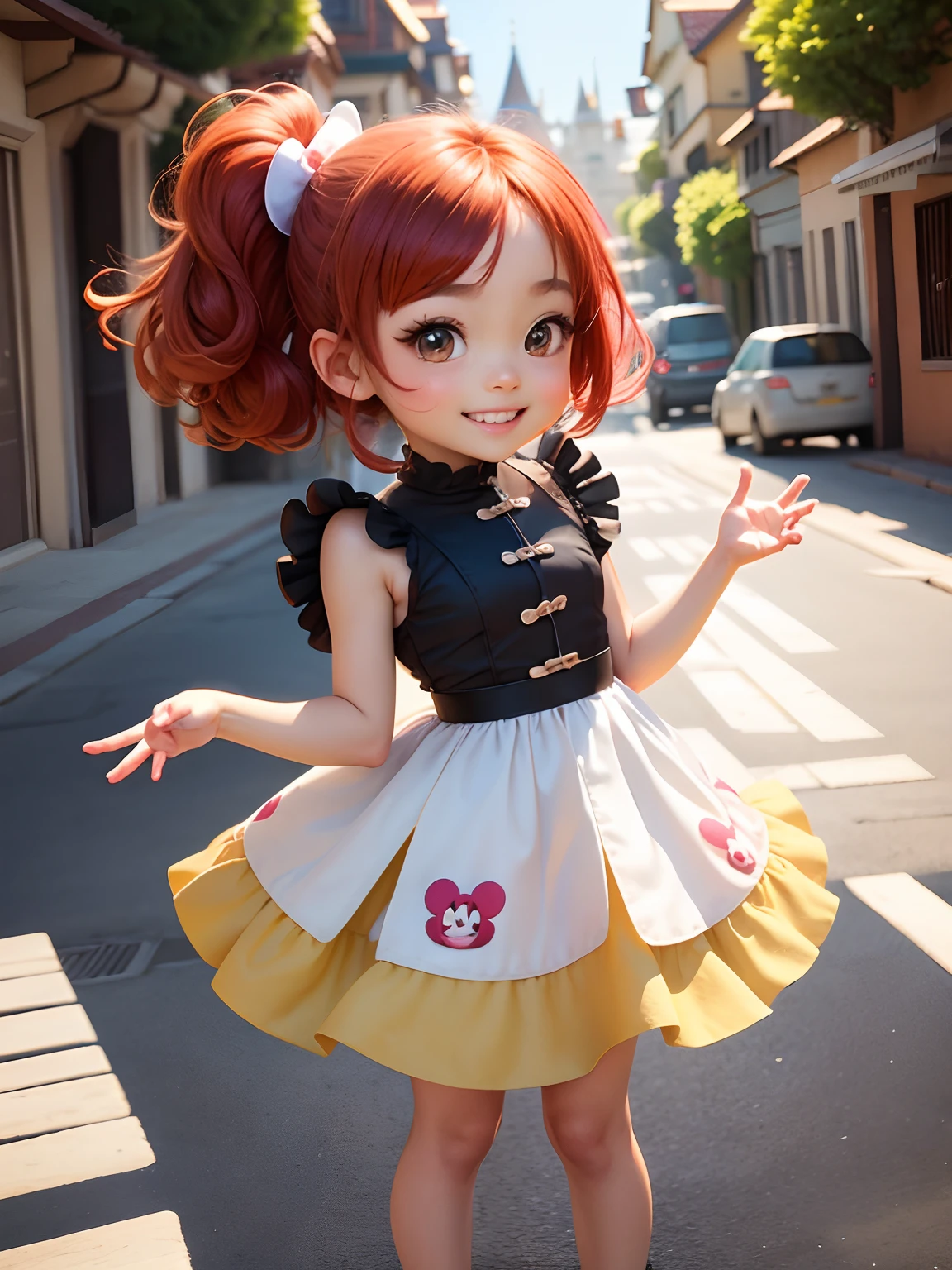 A Little girl as Blossom from the Powerpuff Girls, Long Straight Orange Hair with a Red Ribbon Tied at the top, perfect body, Red eyes, wearing a Orange Dress, smiling, in the middle of a citty, masterpiece, detailed and intrincicated, HD