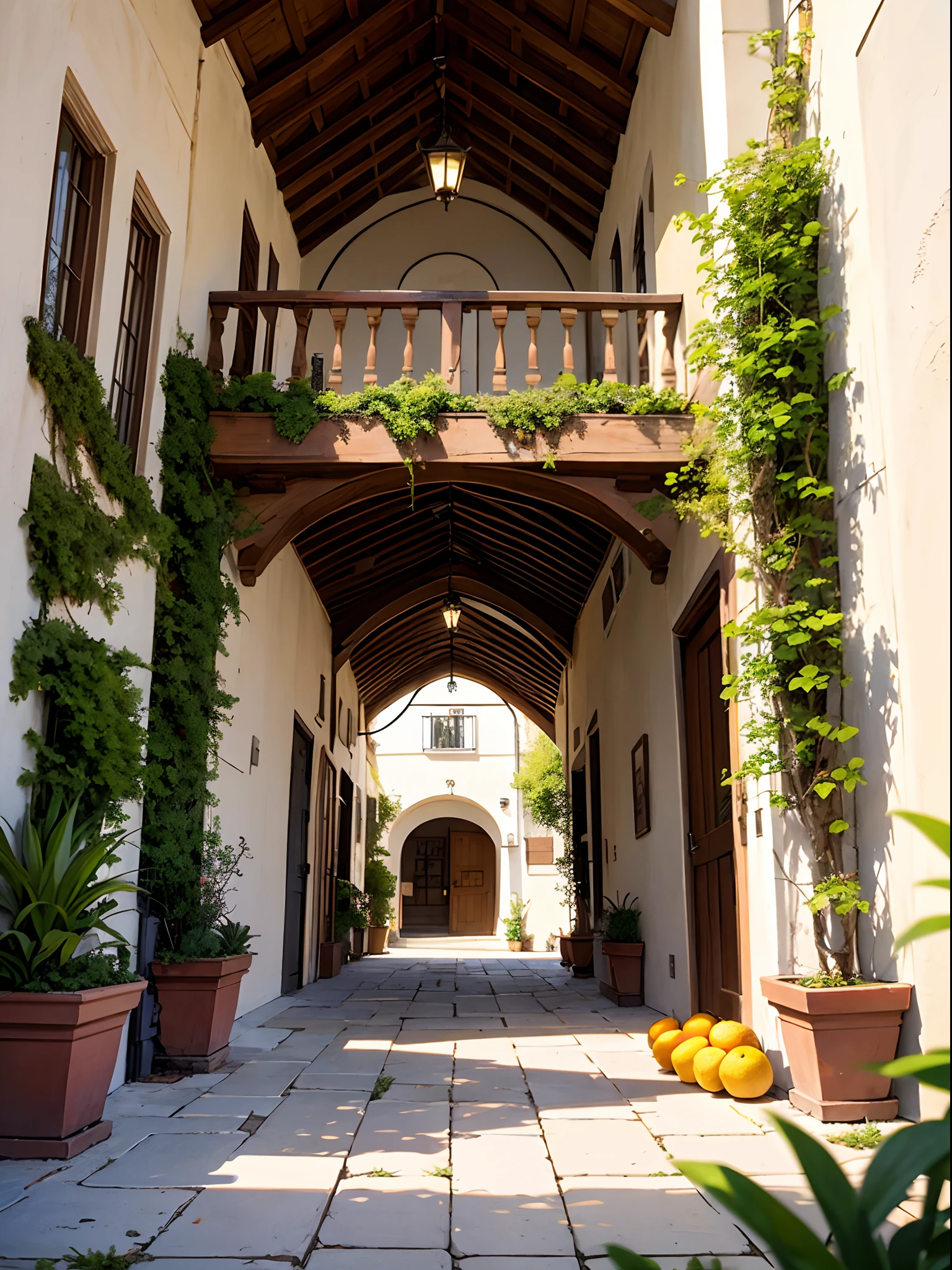 Floorplan of a Spanish mission-style house with a courtyard full of citrus, olives, and herbs in the chaparral hills of California