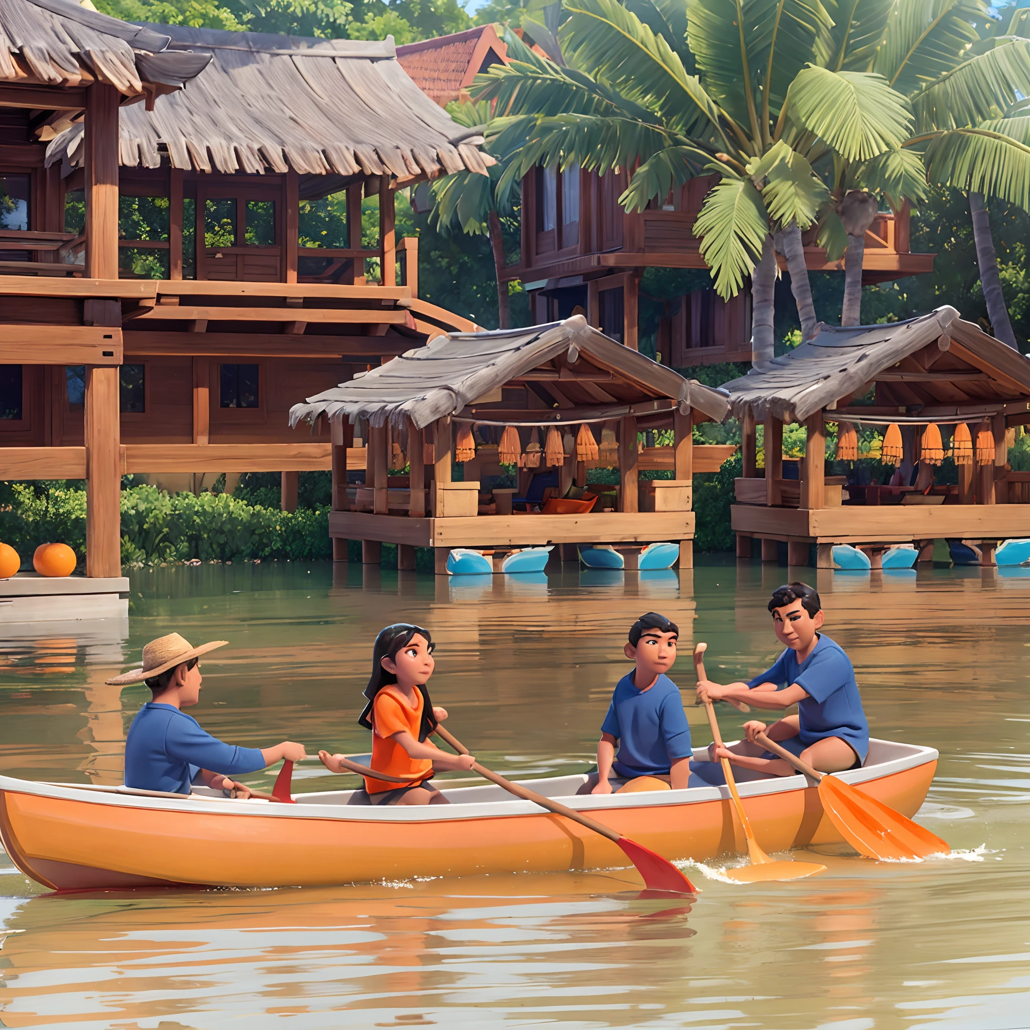 3d Disney animation of this image, there are 4 people paddling an orange canoe, there are exactly the same buildings , lots of trees and leaves that look fresh and natural green, there are several coconut trees which are very fresh and beautiful Make the water look clear and fresh,Pixar animation style