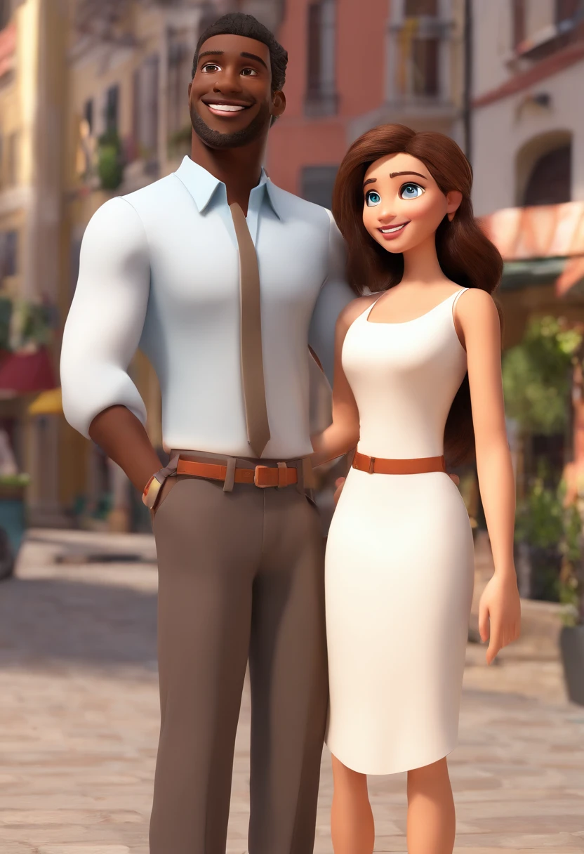 An illustration of an adorable couple, Highlighting a dark black skinned man and a white woman with beautiful expressive eyes – the man's skin is black and the man's hair is curly and black, while the woman's skin is white and the woman's hair is curly and blonde. They are a bright room, cada um com um sorriso no rosto, e compartilhar um momento especial caracterizado pelo amor, Insights. Illustrate this scene from a perspective where they are facing the camera, Smiling and Showing Your Connection. Desenvolva esta arte em Full HD, Focus on your cinematic touch, Estilo Disney Pixar Animations