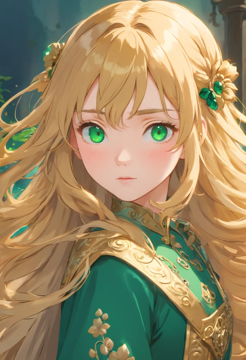(best quality,8K,highres,masterpiece:1.2),ultra-detailed,realistic:1.37,porcelain skin texture,delicate fabric texture,beautiful detailed face,intricate details,long curly golden hair,European girl,emerald green eyes,3D character,medieval knight
