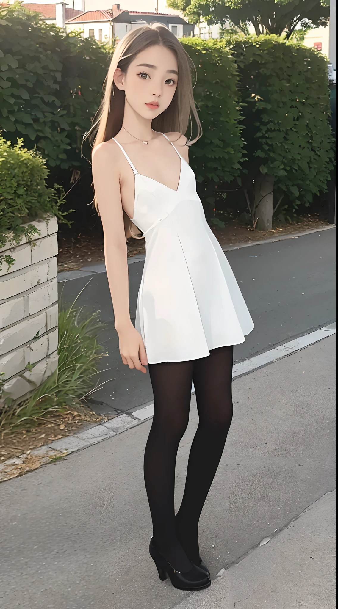 16 year old pre-teen, European, blonde, small breasts, tiny dress, black tights, ray tracing, HDR