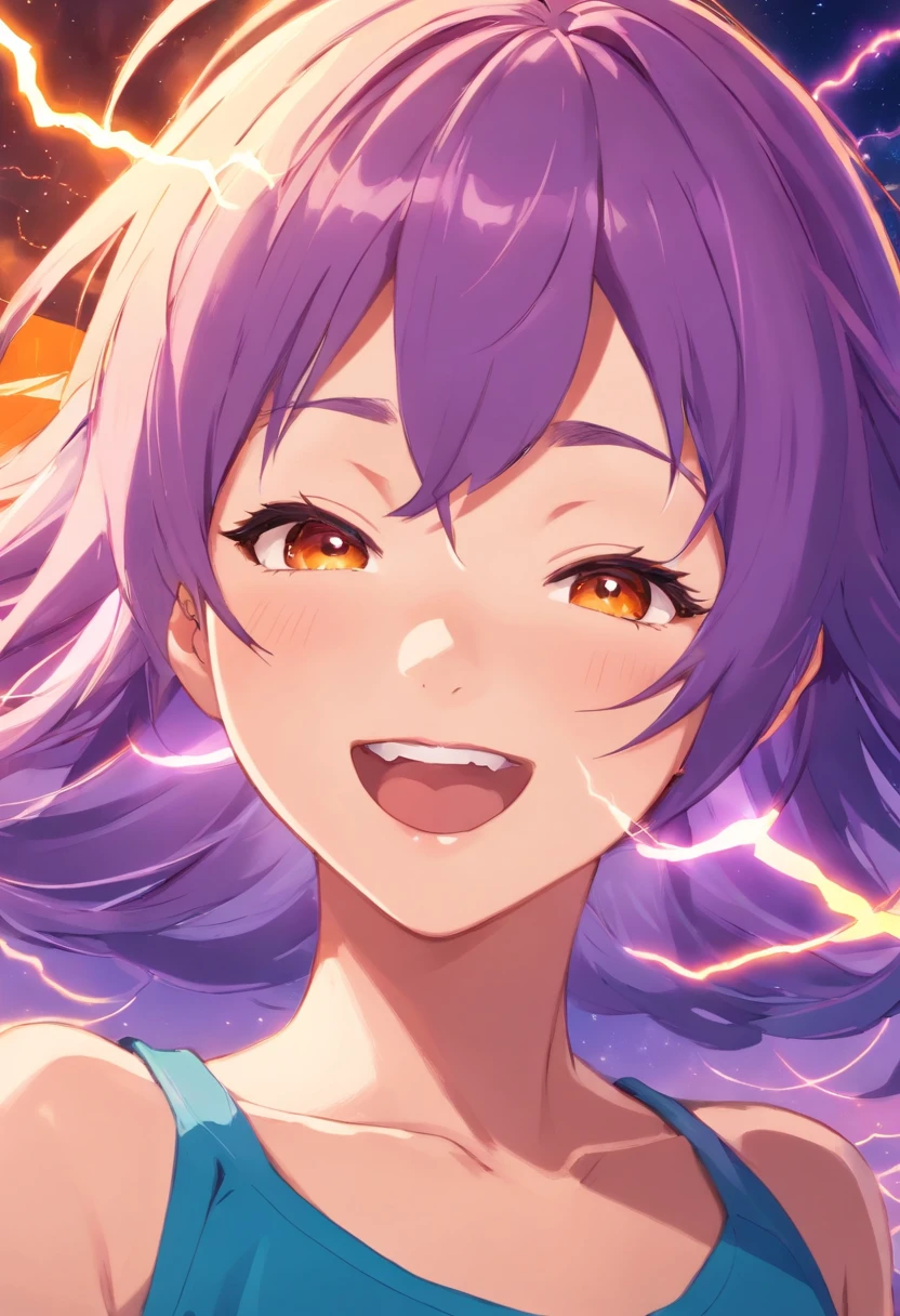 ** lightning ginseng, purple hair, closed eyes, a girl laughing, open mouth, with an orange background, portrait
**Tags:** lightning ginseng, purple hair, closed eyes, girl laughing, open mouth, orange background, portrait, vivid colors, detailed hair, expressive eyes, vibrant purple, joyful expression, soft lighting