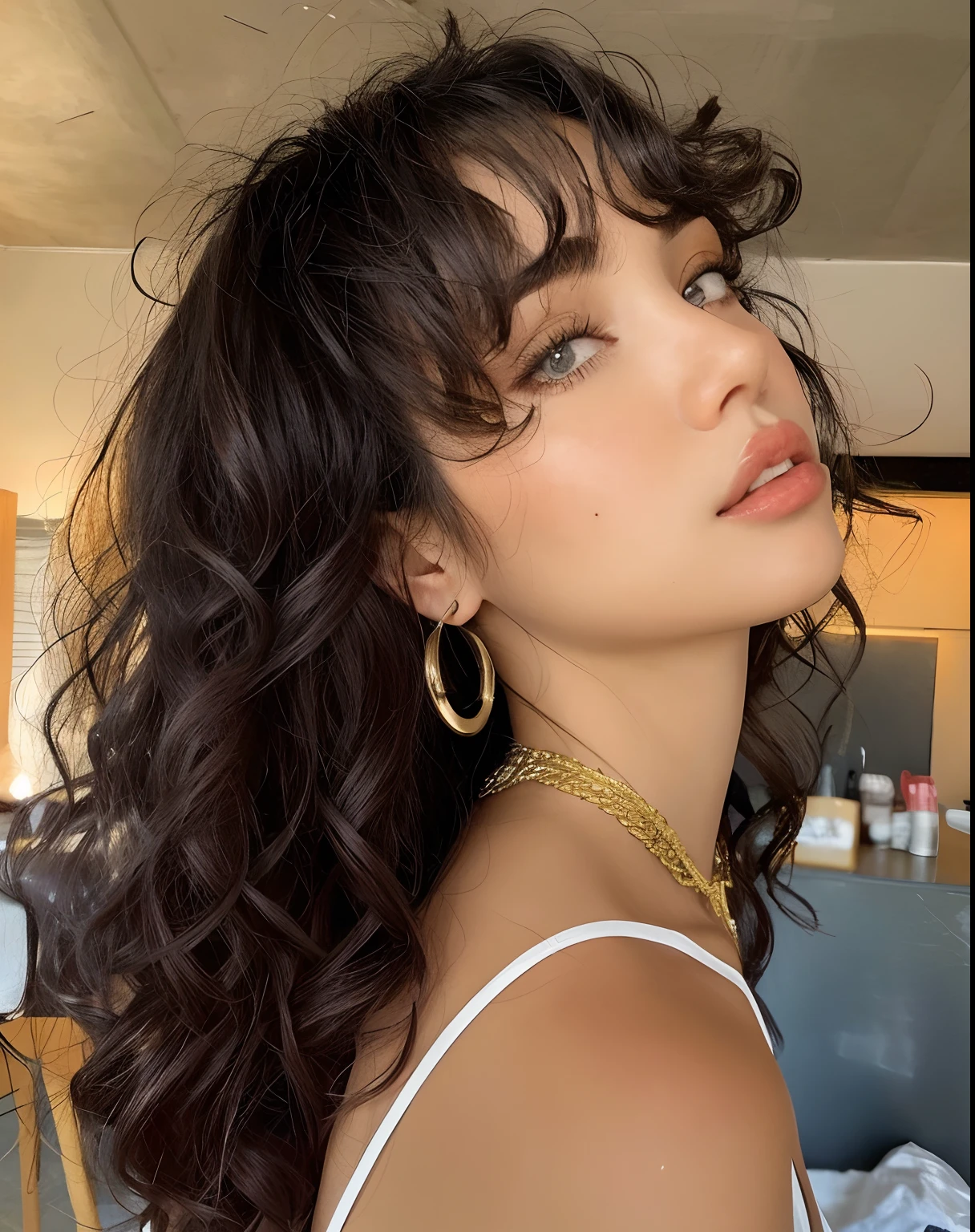 um close up de uma mulher com longos cabelos cacheados usando um top branco, franja encaracolado, franja encaracolado e rabo de cavalo, Retrato Sophie Mudd, com franja, franja de cortina, franja e cabelos ondulados, cabelos cacheados, cabelo ondulado preto com franja, com franja completa, encaracolado, cabelos castanhos e franja, com franja, cabelo castanho com franja, messy curly hair
