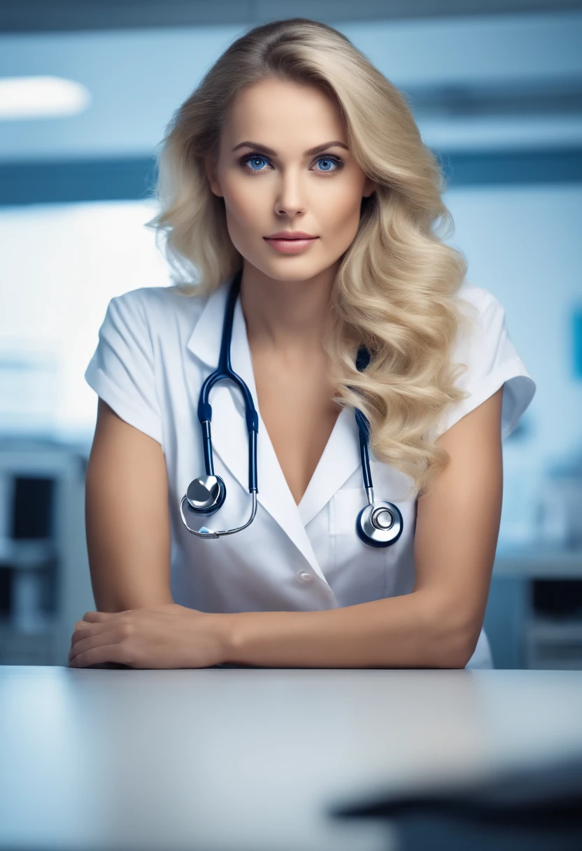 Woman, 25 year old nutritionist doctor in her office, dressed in medical clothing looking at me, sitting behind her desk, perfectly proportioned, blue eyed and blonde, centered image, visually rich, cinematic, Mschiffer, wallpaper, UHD wallpaper , ultra sharp focus