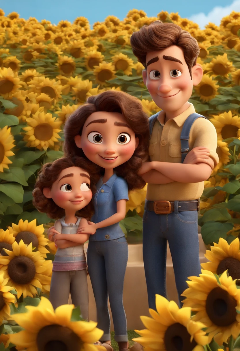Create a Disney PIXAR-style 3D poster. ((centro da imagem, familia)), ((1 )) ((1 girl in the middle and the father and mother next to her, They're hugging each other, A menina tem pele clara e cabelos castanhos escuros e olhos castanhos escuros, The mother has fair skin, olhos e cabelos escuros e acima do ombro e liso, e o pai tem pele morena, olhos escuros e cabelos escuros e lisos)) ((tudo isso no estilo Disney PIXAR 3D, In the background, A house of sunflowers, Gloria Studio, The garden is full of nature 3D render RTX clay material, estilo de design cartunesco, POP Mart, soft lighting, linhas suaves, Spring tilt, Detailed illustrations of PIXAR 3D, Detalhes hiper-realistas, cor quente no estilo Disney PIXAR 3D))