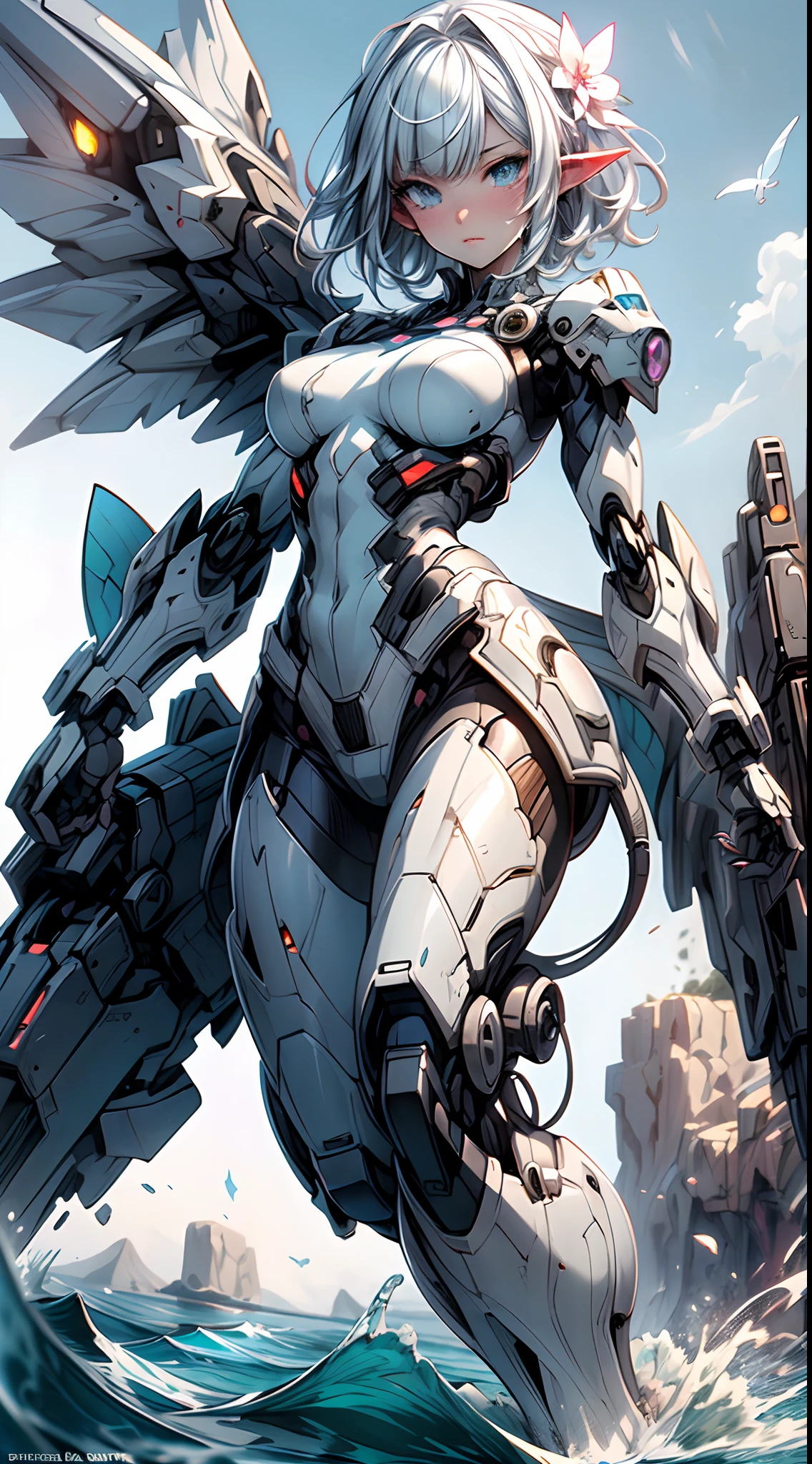 [(white background:1.5)=5], (bottle bottom:0.9), 1 elf girl, mid shot, full body, (mecha wing, mecha leg, mecha hand),((short white hair)), asymmetrical bangs, insanely detailed face and eyes, Perfect lips, butterflies, floating petal, stone fragment, beautiful detailed water, cloud, sun, dusk, sunset, beautiful detailed cloud, ocean, sea waves, water splashes, dramatic, cinematic lighting, fine expression, fine detail, fantasy art, illustration, masterpiece, digital art, drawing, in the style of Yusuke Murata.