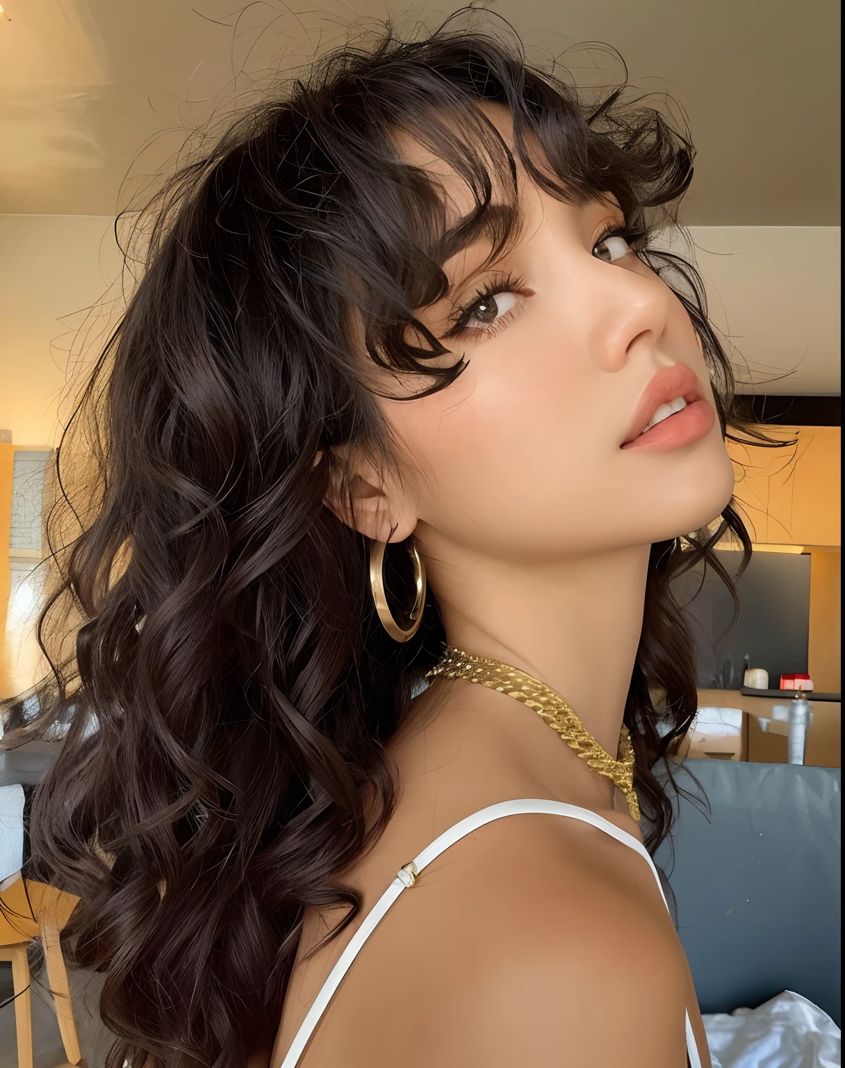 um close up de uma mulher com longos cabelos cacheados usando um top branco, franja encaracolado, franja encaracolado e rabo de cavalo, Retrato Sophie Mudd, com franja, franja de cortina, franja e cabelos ondulados, cabelos cacheados, cabelo ondulado preto com franja, com franja completa, encaracolado, cabelos castanhos e franja, com franja, cabelo castanho com franja, messy curly hair