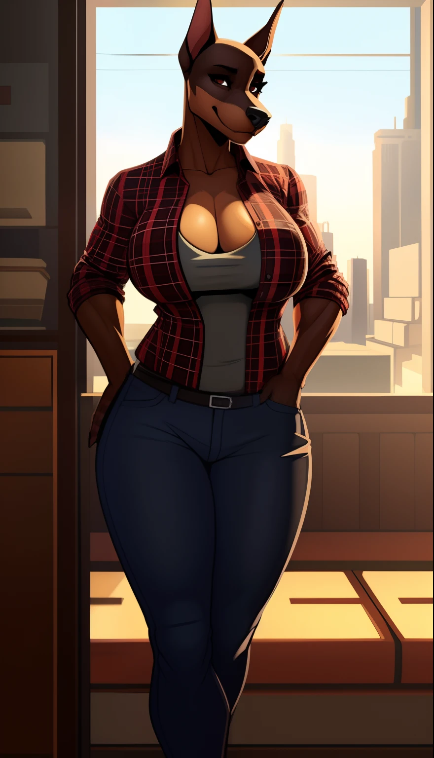 Very_muscular_mature_doberman female dark_brown_two-tone_furry_body brown_eyes milf unbuttoned_plaid_shirt  jeans wife solo Masterpiece best_quality absurdres highly_detailed cleanly_drawn_eyes anthro_only large_breasts by_claweddrip, by_greasymojo, by_underscore-b, by_runawaystride