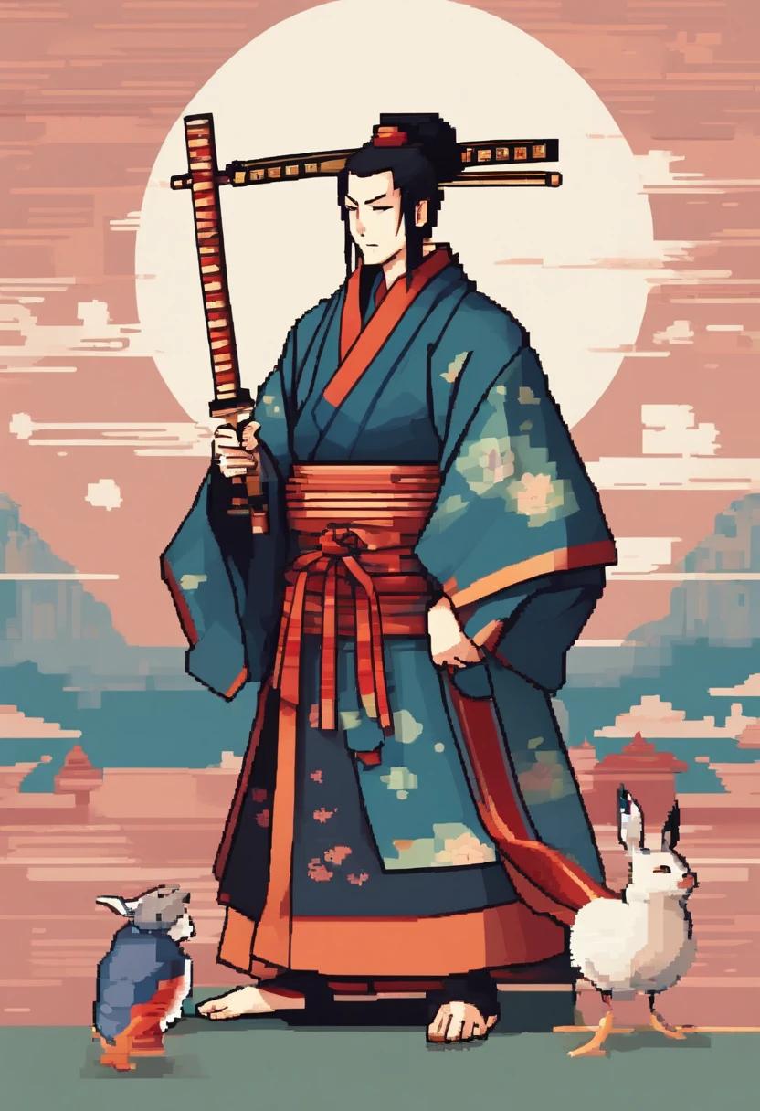 "An avatar-style illustration of a samurai character, in side profile, holding sake bottle, with a subdued color palette, wearing a traditional kimono. The samurai's expression is one of subtle joy, with eyes squinted in delight. His attire is rich with historical detail, suggesting his status as a samurai with a chonmage hairstyle. The background is simple to emphasize the figure's contemplative mood.