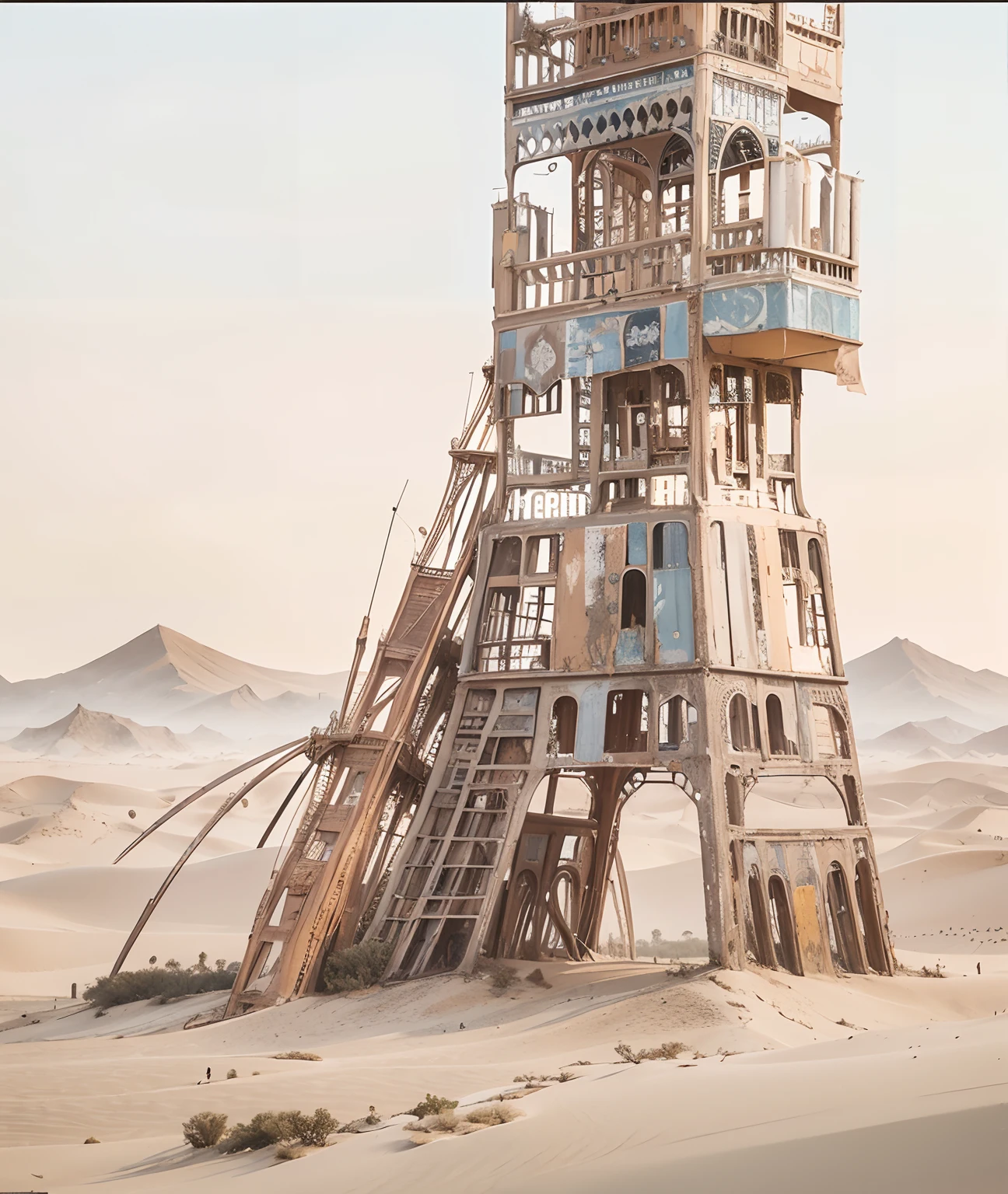 Detailed details，A tall tower made of rusty scrap metal，Western Desert，Encaustic painting，Magnificent，Faraway view