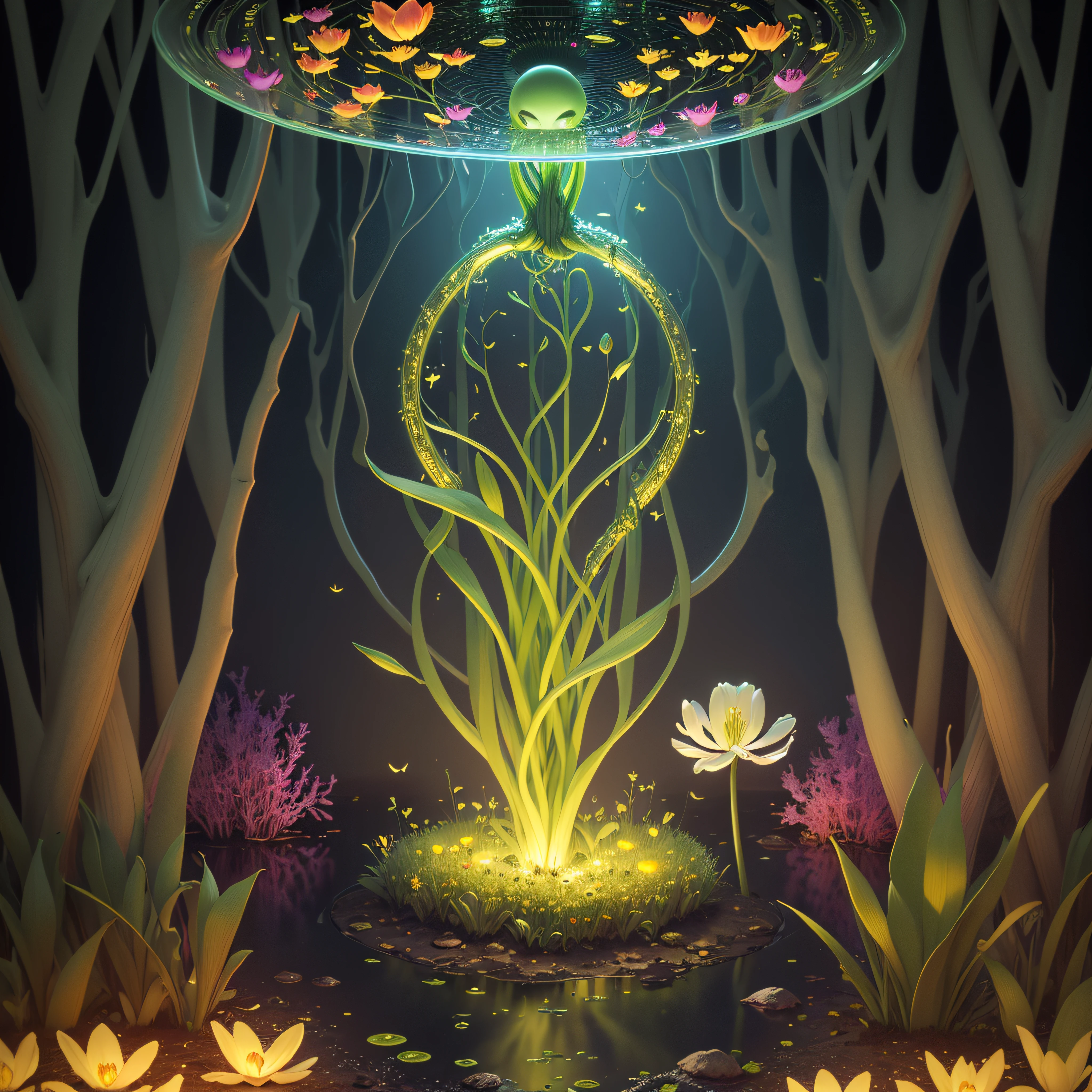 a Allien in a Swamp, colourful Allien world with DNA, analogue spectrum analyser hologram, close-up tulips and lilies and roses, hologram vortex simulation, dead trees, smoke, red, gold and silver patterns, swamp background hyper detailed, with Inca filer of gold, ((Alien life)), music notes, high resolution, cinema 4D