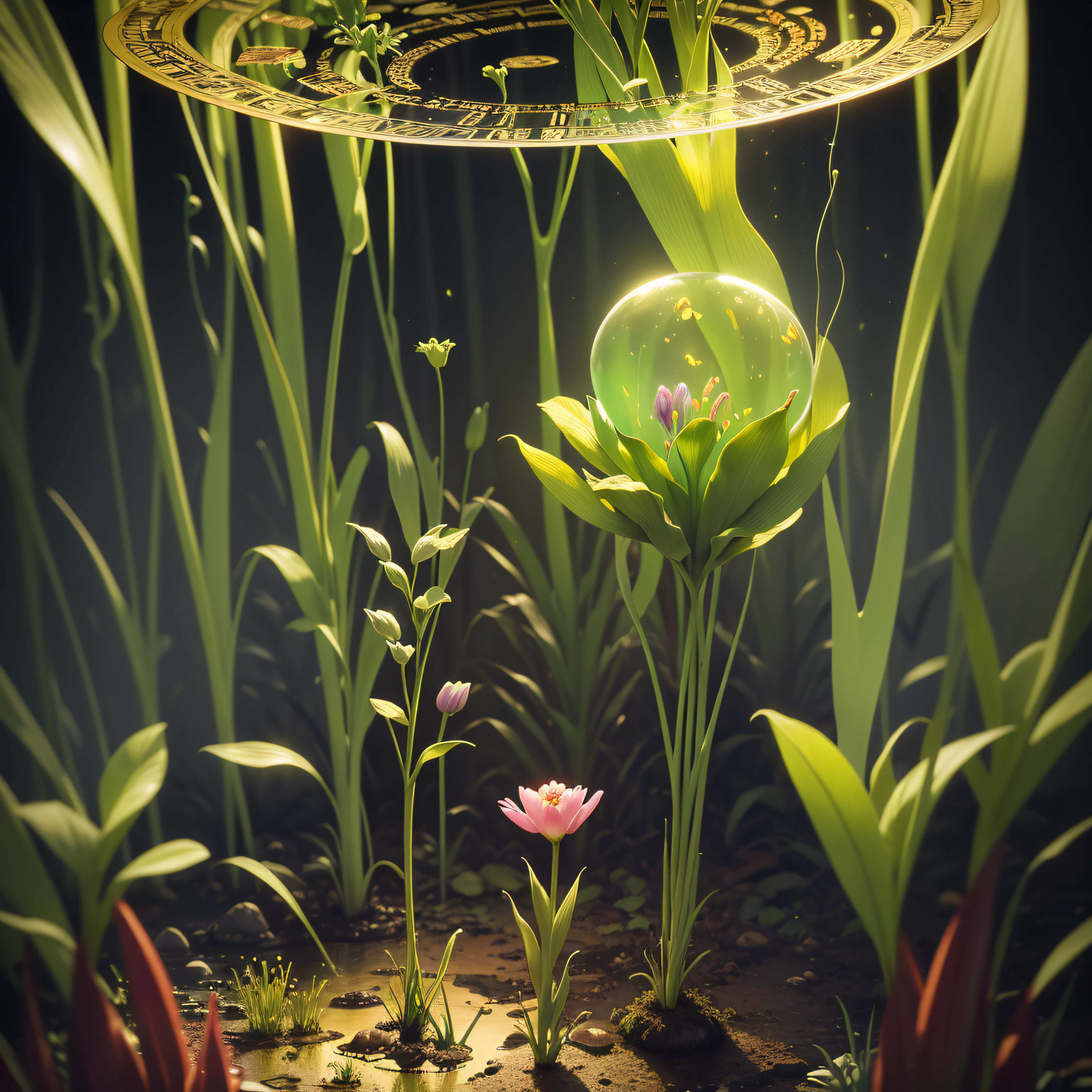 a Allien in a Swamp, colourful Allien world with DNA, analogue spectrum analyser hologram, close-up tulips and lilies and roses, hologram vortex simulation, dead trees, smoke, red, gold and silver patterns, swamp background hyper detailed, with Inca filer of gold, ((Alien life)), music notes, high resolution, cinema 4D