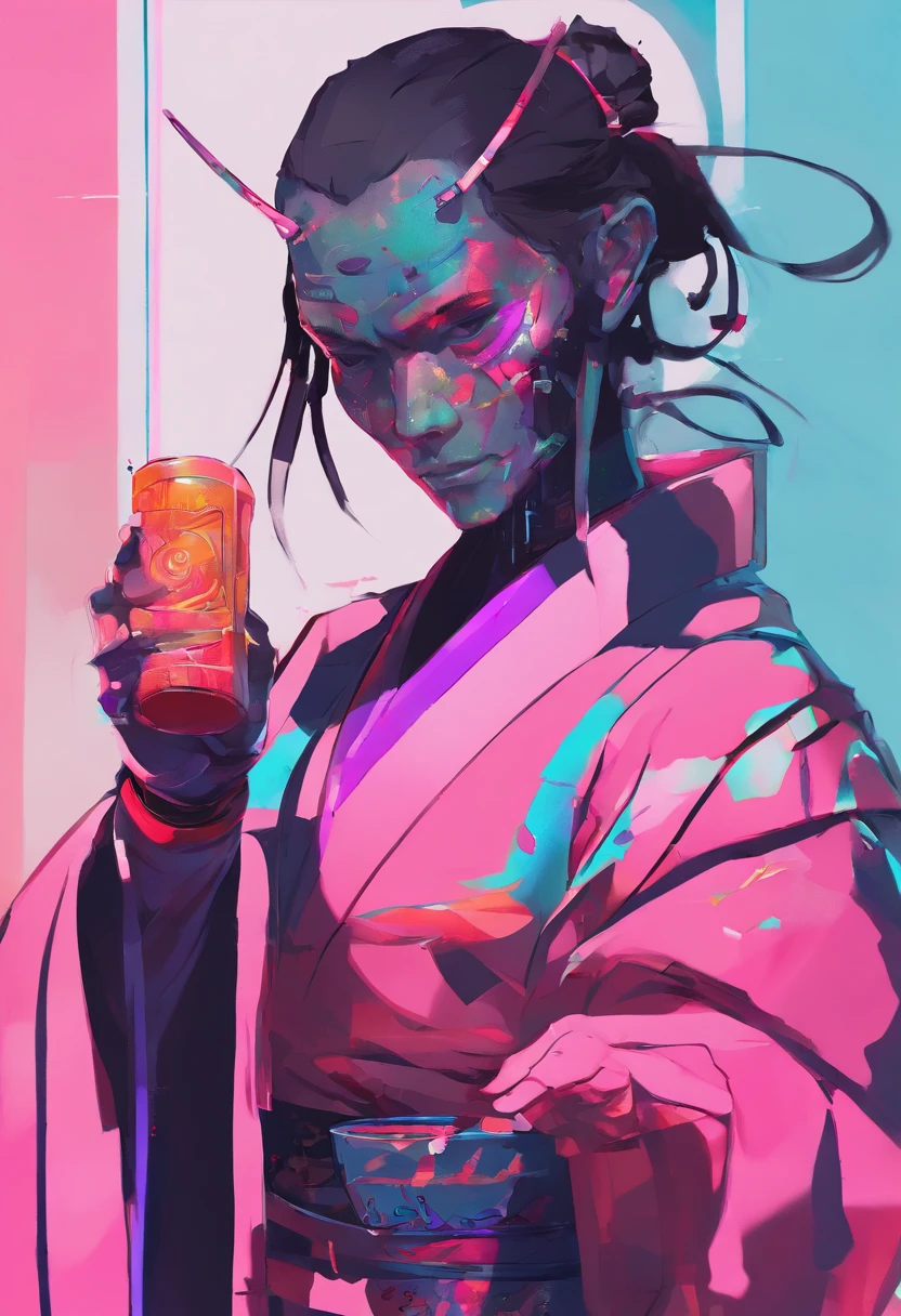 An avatar-style illustration of a samurai character, in side profile, holding sake bottle, with a subdued color palette, wearing a traditional kimono. The samurai's expression is one of subtle joy, with eyes squinted in delight. His attire is rich with historical detail, suggesting his status as a samurai with a chonmage hairstyle. The background is simple to emphasize the figure's contemplative mood.