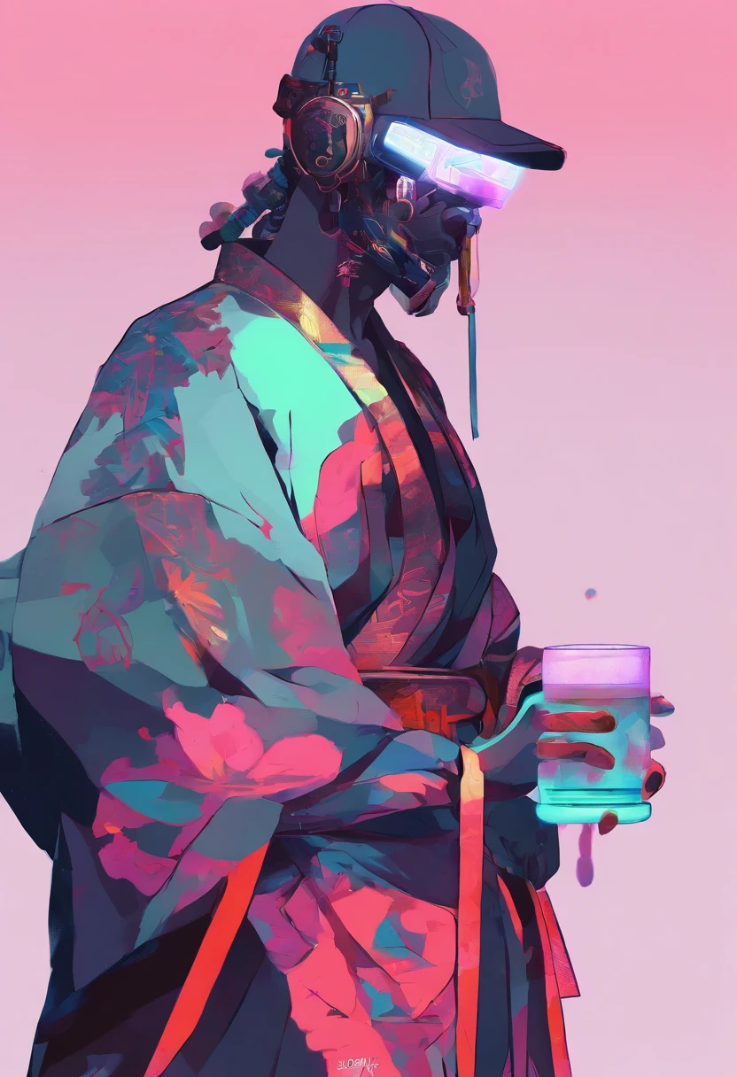 An avatar-style illustration of a samurai character, in side profile, holding sake bottle, with a subdued color palette, wearing a traditional kimono. The samurai's expression is one of subtle joy, with eyes squinted in delight. His attire is rich with historical detail, suggesting his status as a samurai with a chonmage hairstyle. The background is simple to emphasize the figure's contemplative mood.