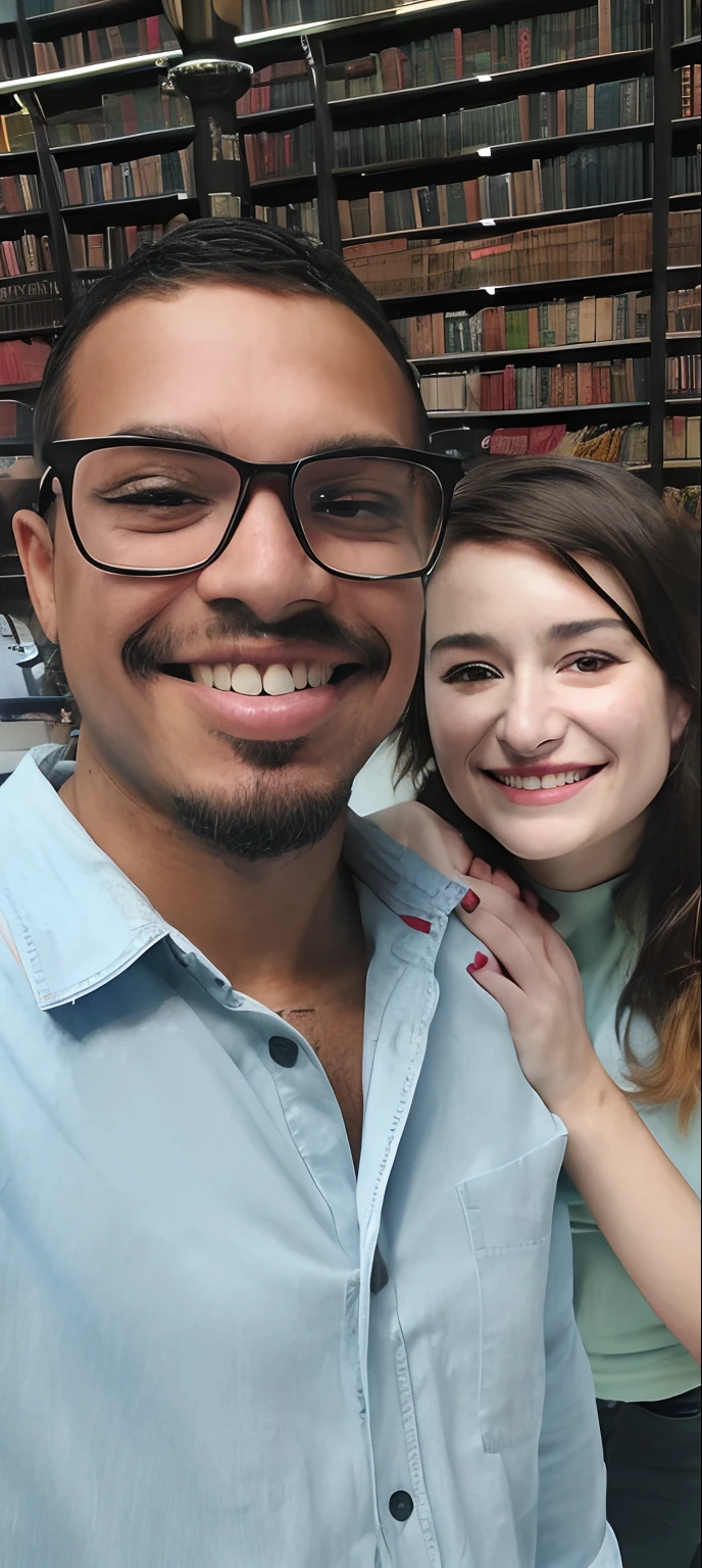 Homem e mulher sorridentes em uma biblioteca com estantes ao fundo, com nerd! glasses! e cavanhaque, Tyler Edlin e Natasha Tan, with nerdy glasses and goatee, In the background, both smiling for the camera, Directed by: Dan Frazier, retrato de casais, Retrato de duas pessoas, Charli Bowater e Artgeem, foto retrato, Alexis Franklin