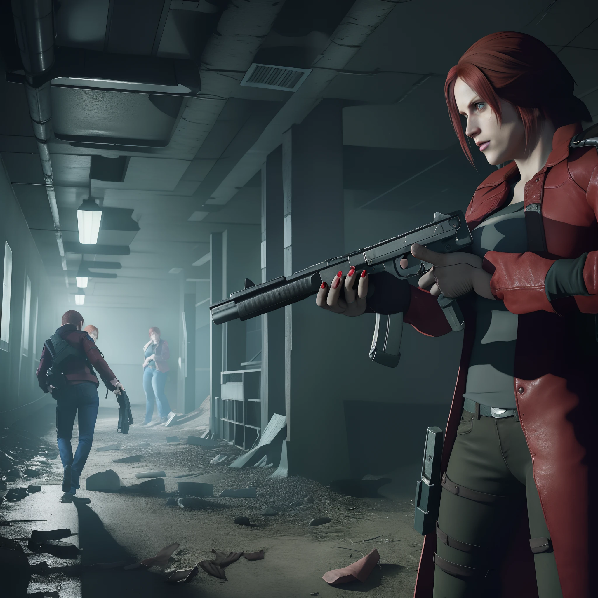 Best quality, ((Claire redfield from resident evil)), woman 40 years old, long red hair, black jeans, red nail polish, beautiful face, red long coat, glare, holding a gun