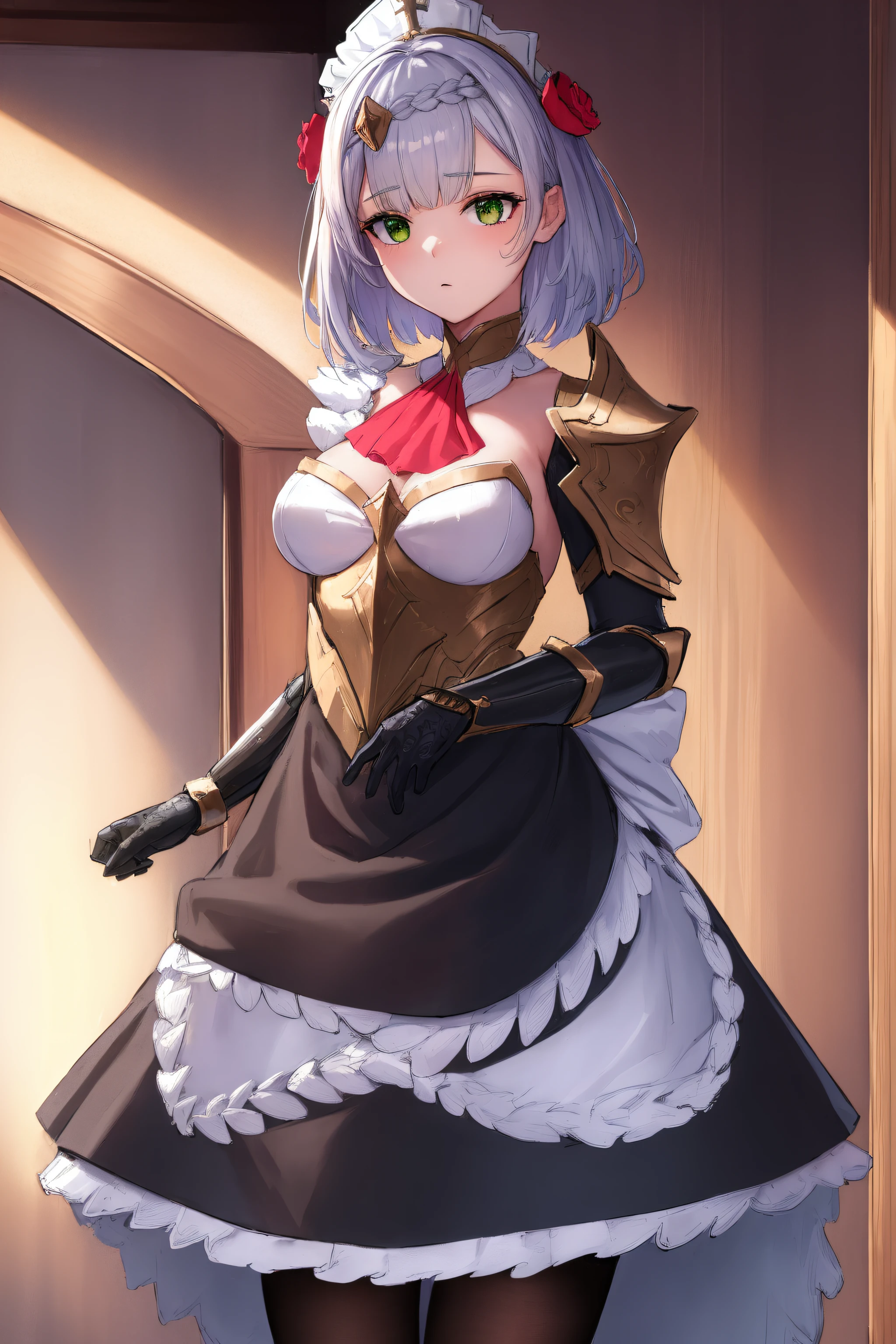 Genshinnoel, noelle, braid, flower, Hair Flower, hair ornament, Short hair, Silver hair, (Green eyes:1.5),
Apron BREAK, bronya, ascot, black tights, black skirt, Dress, Mittens, gold trim, headdress, long sleeves, maiden, maid apron, maid headdress, pantyhouse, pauldrons, shoulder armor, upskirt, strap,
BREAKTHROUGH in the room, laboratory,
BREAK looks at the viewer, (Cowboy shot:1.5),
BREAK (Masterpiece:1.2), Best Quality, High Resolution, Unity 8k壁纸, (illustartion:0.8), (beautiful detail eyes:1.6), extremely detailed face, perfect lighting, extremely detailed CGI, (perfect arms, perfect anatomy),
