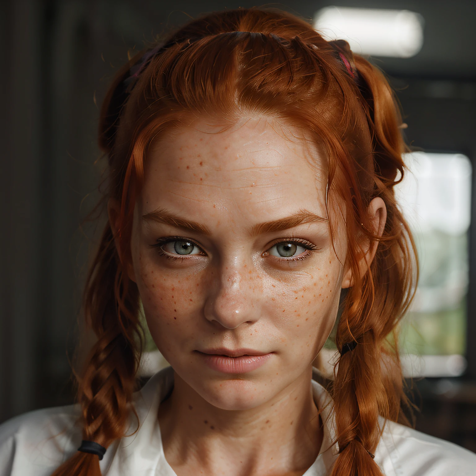 (8k, RAW photo, highest quality),(epic realistic:1.5), a girl, dynamic posture,erotic face,shirt,(detailed eyes:0.8),(looking at the camera:1.4), (highest quality), (best shadow),intricate details,cinematic,((skin:1.4)),interior, (long ponytail ginger hair:1.3),dark studio,(hdr:1.5),detailed, muted colors, freckles