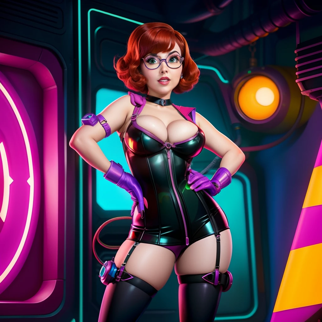 Estilo pixar disney Foto RAW de velma como una pinup cyberpunk sumisa bondage gear con tetas enormes nsfw
