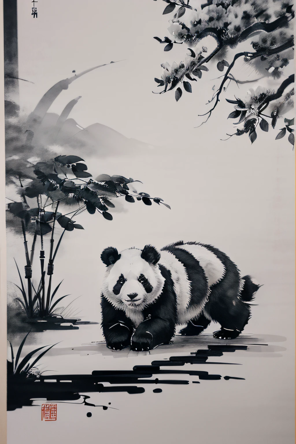Ink painting panda, orchid pavilion, black and white, majestic presence, soft and flowing lines, delicate brushwork, traditional chinese painting