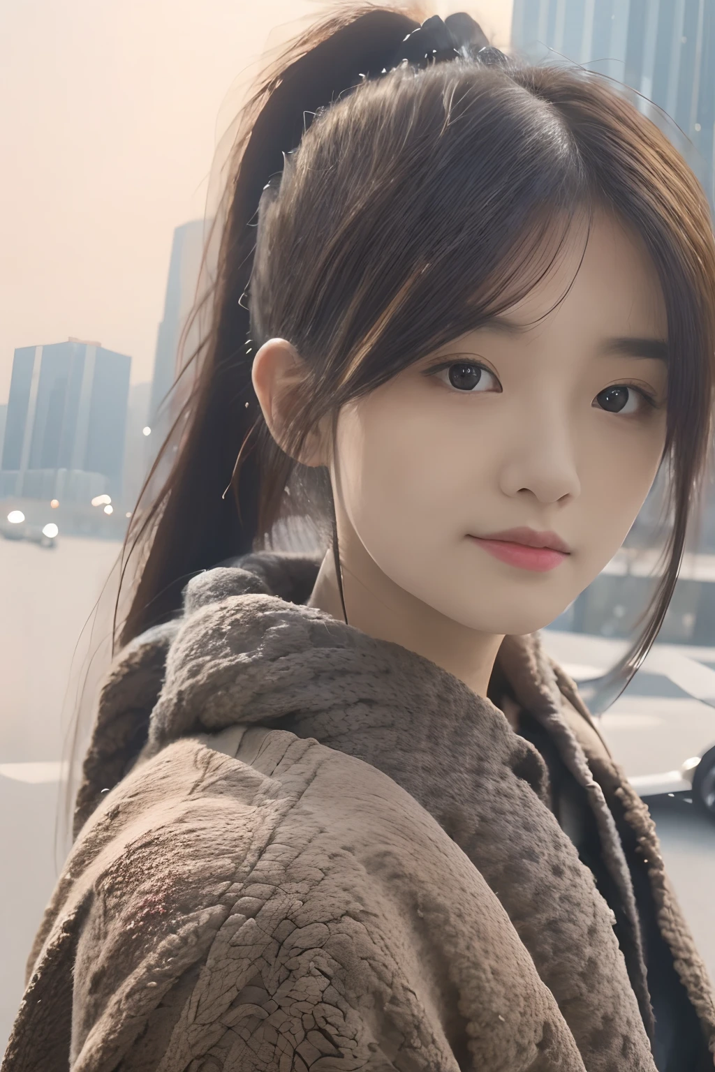 (8K, masterpiece, top quality, high resolution,) 20-year-old girl, Bust photo, ponytail, streetview, starlights, New Moon. The background is black.