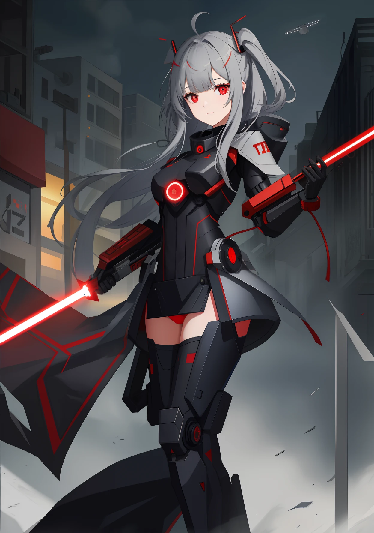 greyt hair, side swept bangs, （（hair covering one eye））,There is a red antenna decoration on the head, x-shaped pupils, Red eyes,（ Mechanical prosthetics）, There is a red reactor in the middle of the chest, （Dark blue body）, holding a red lightsaber,Stand on the broken streets， Ark of Tomorrow standing painting style, Ray tracing, 8K, Super detail