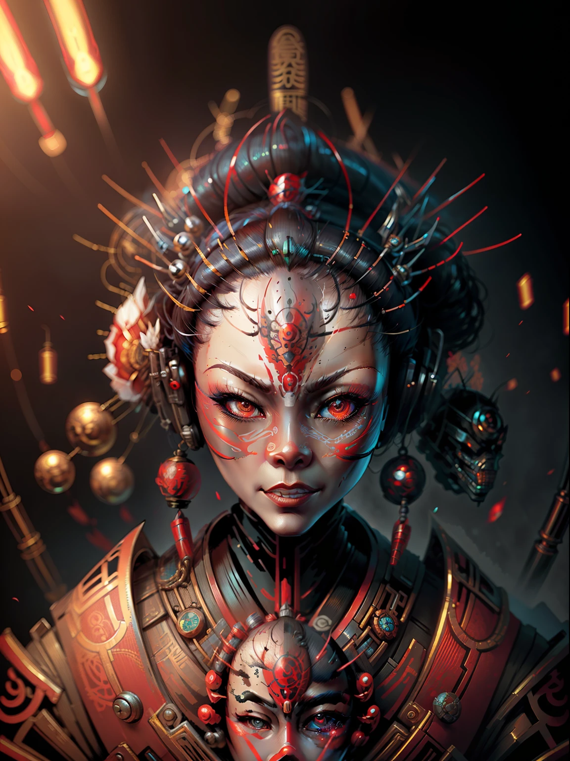 closeup of face ,Masterpiece, Best quality, Ultra-detailed,((geisha)) ,scybernetic,cybernetic parts,Line art