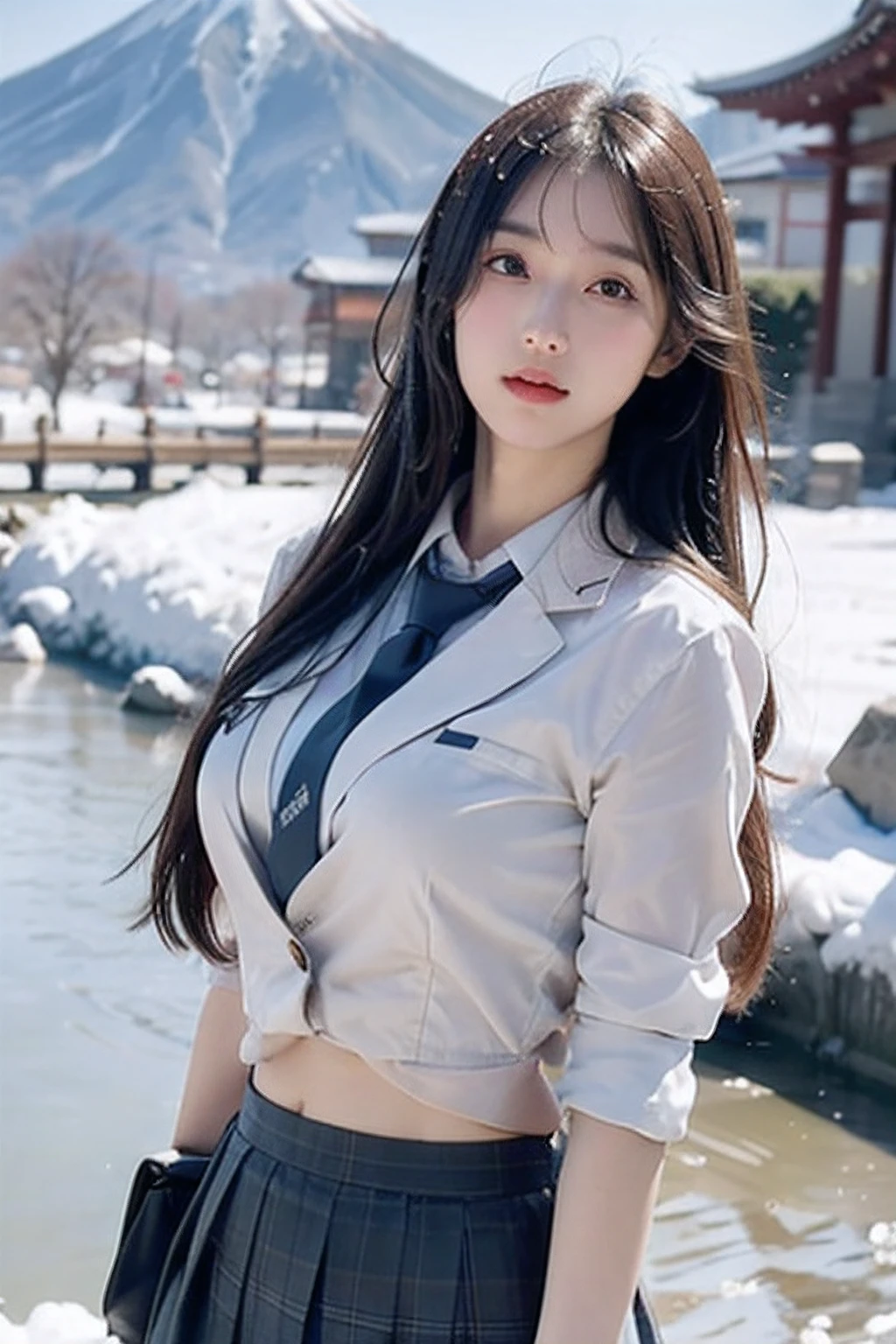There was a woman in a tie and skirt for a photo, japanese girl school uniform, aya takano color style, wearing a Japanese school uniform, hana yata, Ayaka, sui ishida, aya takano, Japan School Uniform, shiori teshirogi, ayami kojima amano, Also, Erika Ikuta, rei hiroe、Next to the snowy and icy lake、Straight eyes、sensual bodies、The uniform was wet with sweat、Extraordinary beauty、huge-breasted、