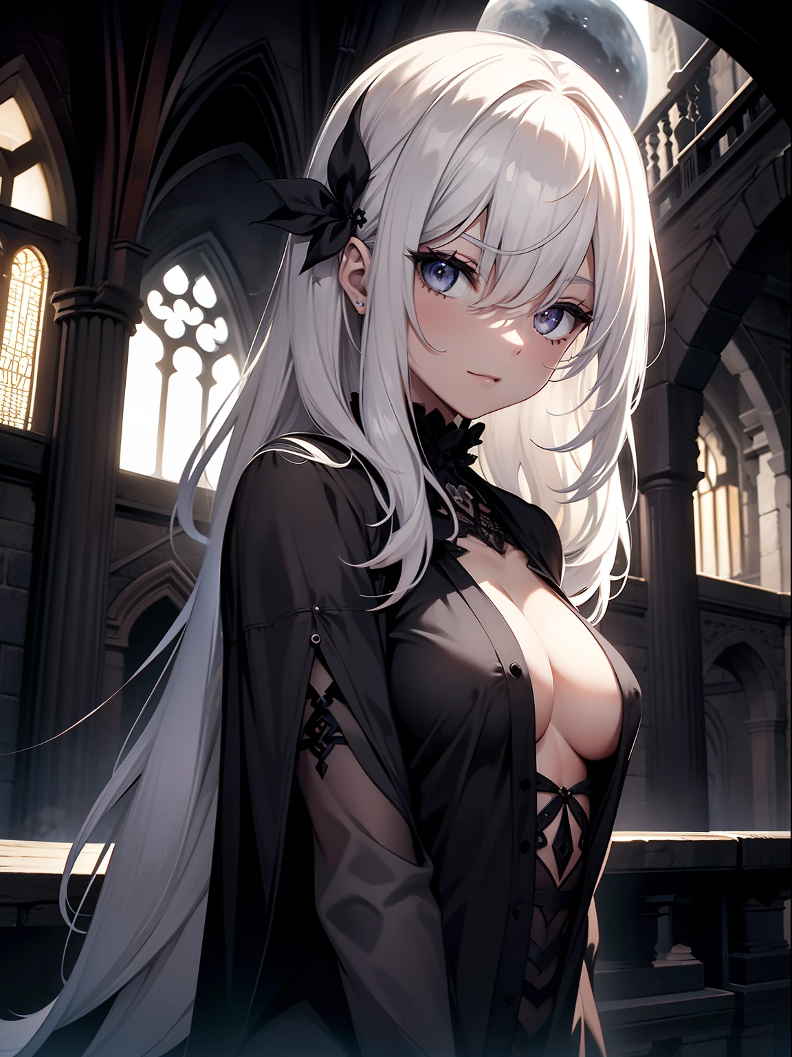 humanoide, piel gris, tinte gris, noche oscura, ojos amarillos, ojos brillantes, hembra, cuerpo completo, piel de piedra, desnudo, pelo corto, gothic style, luna, sentado en saunas, Gothic house, grandes senos, trompetas, grietas en la piel, NSFW, sonrojarse,