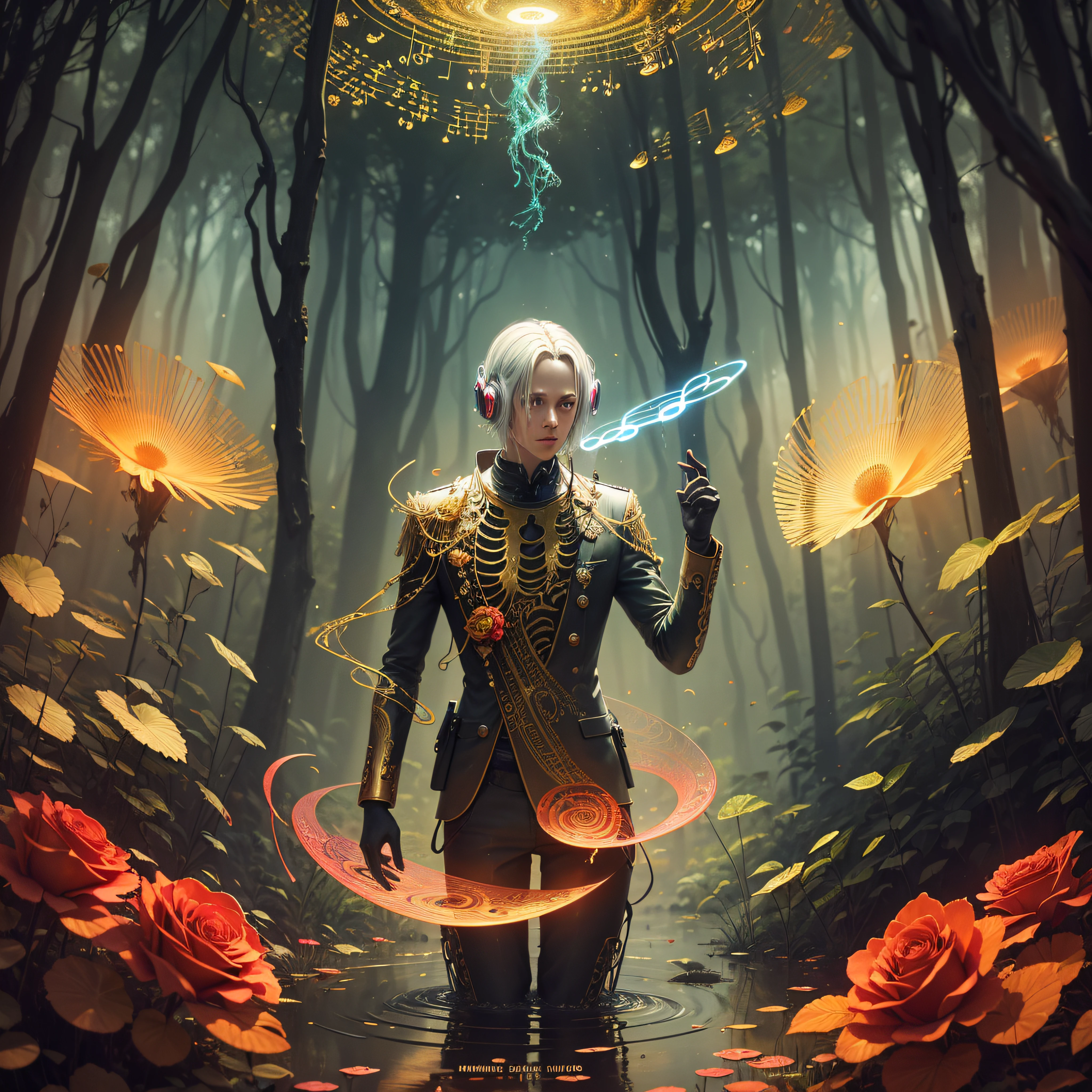 a Allen in a Swamp, with music notes colorful Allen world with DNA, analogue spectrum hologram, close-up a roses, hologram vortex simulation, dead trees, smoke, red, gold and silver patterns, swamp background hyper detailed, with Inca filer of gold, ((Alien life)), music notes, high resolution, cinema 4D