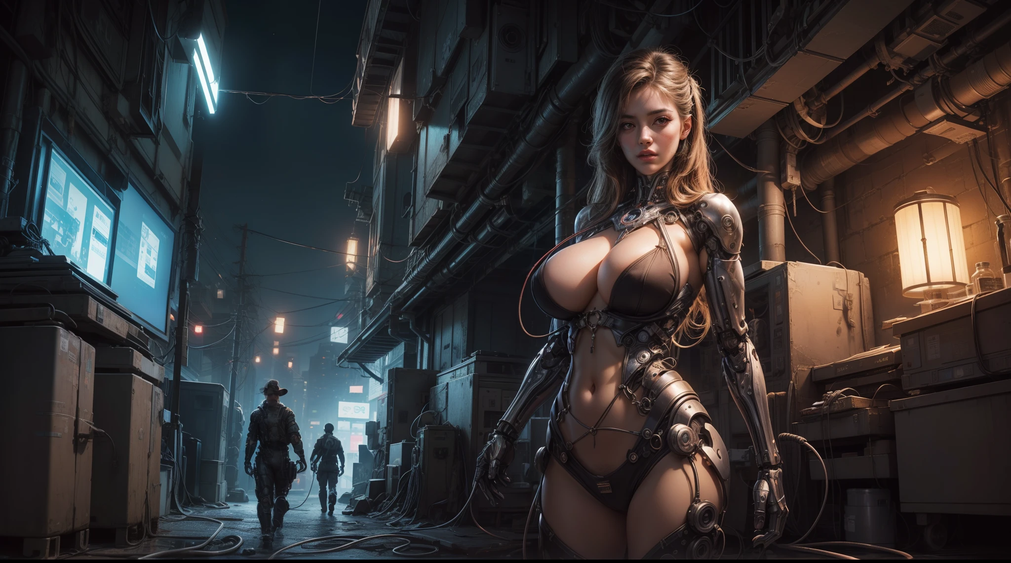 ((extremely delicate and beautiful cybernetic girl)), ((mechanical limbs)), ((detailed face and eyes)) (blood vessels connected to tubes), (mechanical vertebrae), ((mechanical cervical attaching to neck)), (wires and cables attaching to neck:1.2), ((mass of wires and cables on head)), (character focus), (((dynamic pose))), nipple breast on cloths, ((cowboy shot)), (masterpiece), (((best quality))), ((ultra-detailed)), (highly detailed photorealistic CG illustration), ((big breast)) cinematic lighting, science fiction, extremely detailed,colorful,highest detail, crotch exposed, cyberpunk city background.