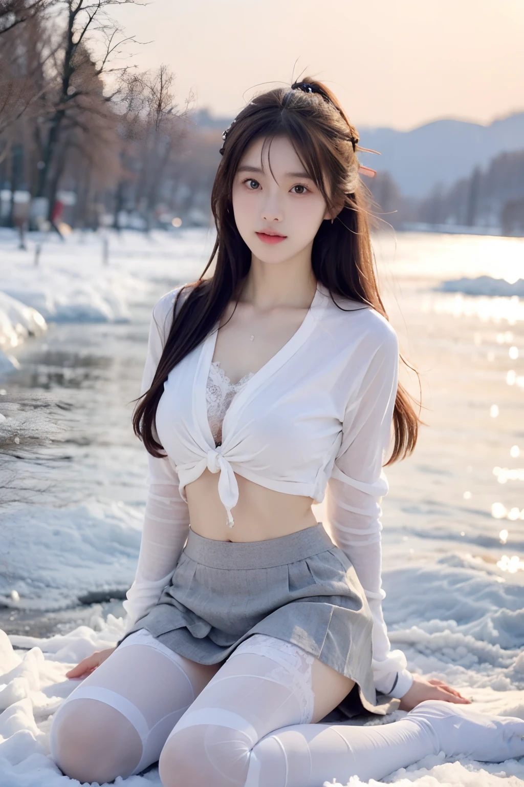 female character, tie, skirt, Japanese school uniform, Takano Aya color style, About Yada Hana, Aya Hua, Ishida, Takano Aya, Japanese student uniform, Tejoshi Shiori, Kojima Amano Aya, Ikuta Erika, Hiroe Koji, snowy landscape, ice lake, distant view, neat eyes, sensual body, uniform soaked in sweat, extraordinary beauty, large chest, wearing white lace tights
